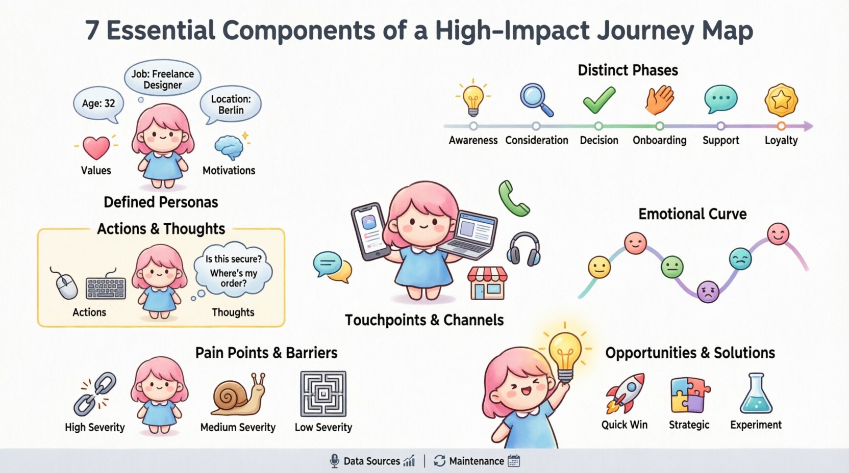 Chibi-style infographic illustrating the 7 essential components of a high-impact customer journey map: defined personas, distinct phases, touchpoints and channels, customer actions and thoughts, emotional curve, pain points and barriers, and opportunities for solutions - designed for experience design teams and UX professionals