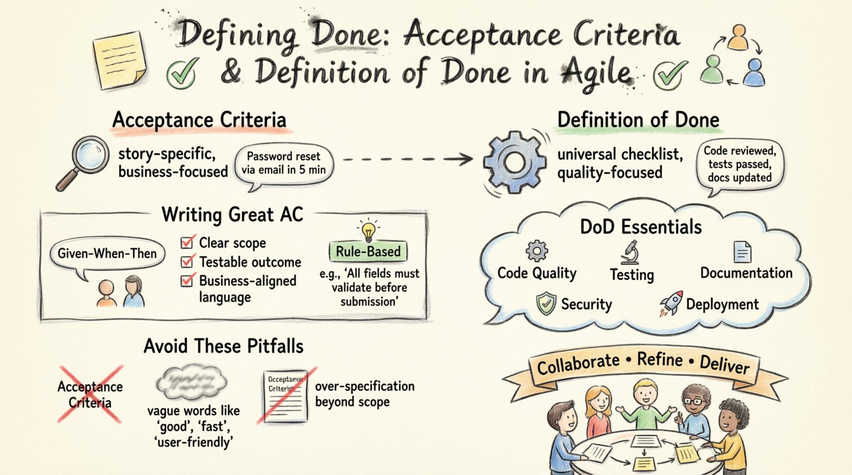 Hand-drawn infographic comparing Acceptance Criteria vs Definition of Done in Agile development, showing writing techniques like Given-When-Then, DoD checklist components including code quality and testing, common pitfalls to avoid, and collaborative refinement steps for clear user story completion