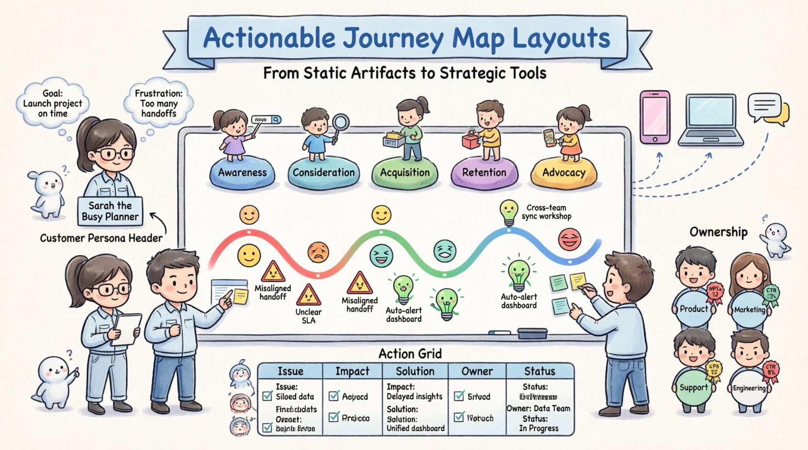 Chibi-style infographic illustrating actionable customer journey map layouts for teams, featuring cute cartoon characters collaborating around a visual map with labeled sections: persona header, journey phases (awareness to advocacy), touchpoints, emotional curve, pain points with solutions, ownership assignments, and an action grid tracker; designed with 16:9 aspect ratio, color-coded visual hierarchy, and clear English labels to transform static journey maps into strategic collaboration tools