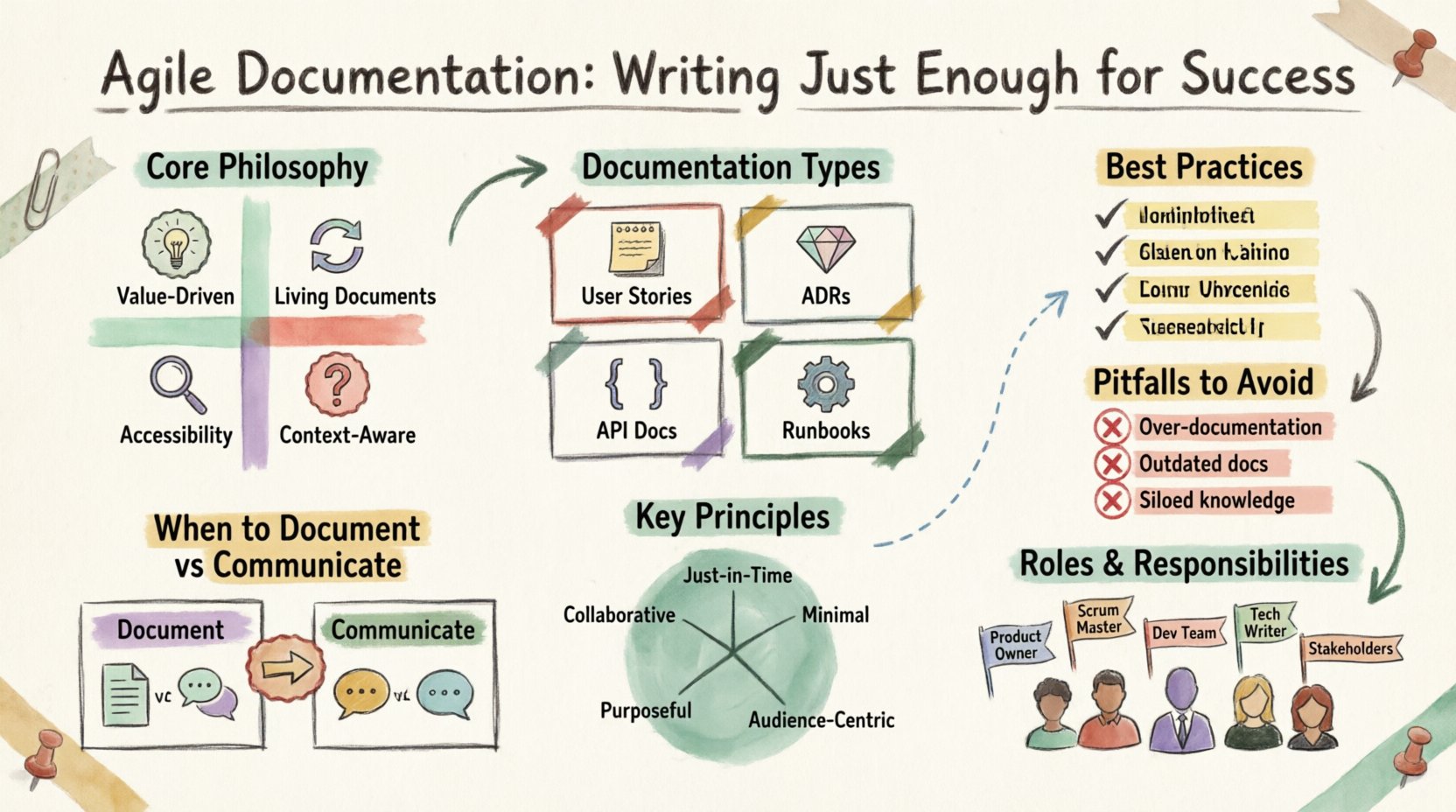 Infographic summarizing Agile Documentation principles: writing just enough documentation for success, featuring core philosophy (value-driven, living documents, accessibility, context-aware), documentation types (user stories, ADRs, API docs, runbooks), decision matrix for documenting vs communicating, best practices, common pitfalls to avoid, team roles and responsibilities, and key principles summary, presented in a decorative stamp and washi tape craft style with 16:9 aspect ratio