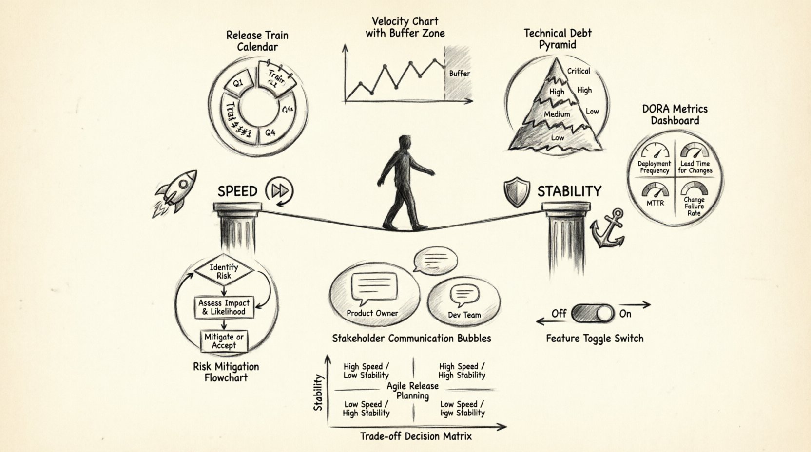 Charcoal contour sketch infographic illustrating Agile Release Planning: balancing speed and stability, featuring a tightrope walker metaphor between rapid delivery and system reliability, with sketched icons for release train cadence, velocity planning, technical debt taxonomy, DORA metrics dashboard, feature toggles, risk mitigation strategies, and stakeholder communication frameworks