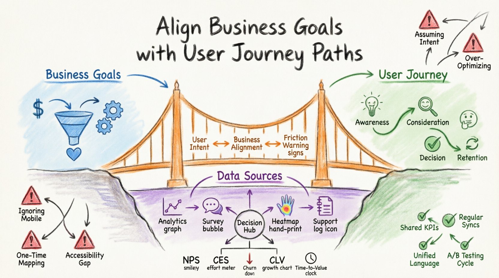 Hand-drawn whiteboard infographic illustrating how to align business goals with user journey paths, featuring a central bridge connecting quantitative business objectives (revenue, conversion, efficiency) with qualitative user goals (task completion, cognitive load, emotional satisfaction), mapped across four journey stages (Awareness, Consideration, Decision, Retention), with data integration elements, success metrics like NPS and CLV, and visual callouts for common pitfalls and iterative refinement strategies