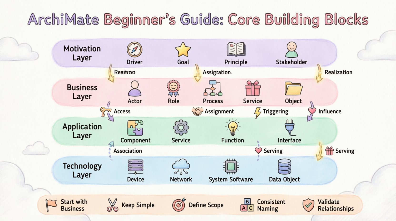 Kawaii cute vector infographic explaining ArchiMate enterprise architecture framework for beginners, featuring four pastel-colored layered blocks (Motivation, Business, Application, Technology) with simplified rounded icons for actors, roles, processes, services, components, devices, and data objects, connected by labeled relationship arrows showing realization, assignment, association, access, influence, triggering, and serving, designed with soft lavender pink mint and baby blue colors, rounded edges, and playful decorative elements on white background, 16:9 aspect ratio