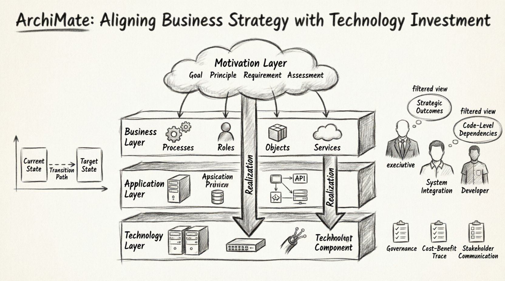 Charcoal sketch infographic illustrating ArchiMate enterprise architecture framework with three layered structure (Business, Application, Technology), Motivation layer showing goals and requirements, realization relationships tracing business strategy to technology investments, gap analysis diagram, and stakeholder-specific views for aligning IT spending with business value