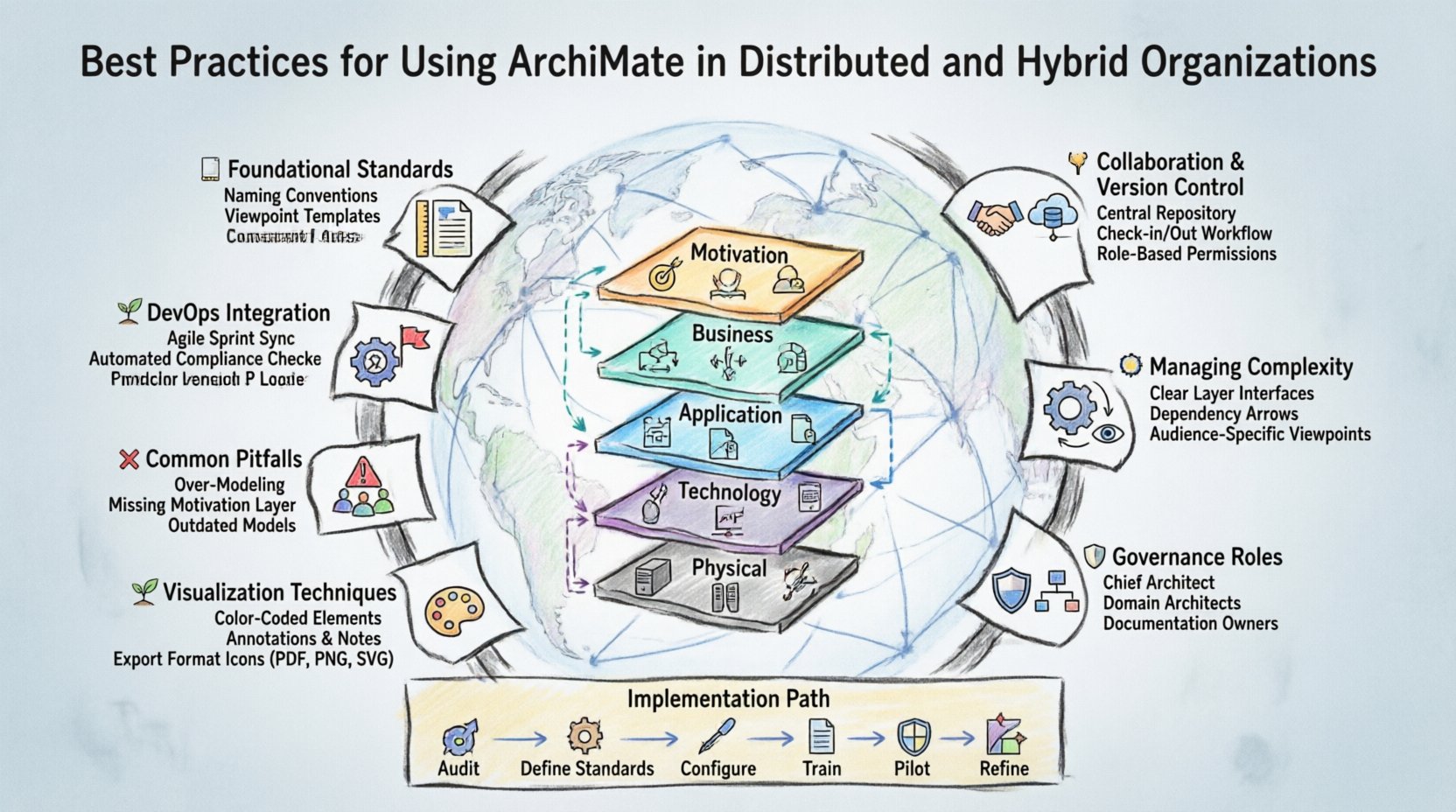 Marker-style infographic illustrating best practices for using ArchiMate enterprise architecture framework in distributed and hybrid organizations, featuring eight key sections: foundational standards, collaboration strategies, cross-layer complexity management, governance roles, visualization techniques, common pitfalls to avoid, DevOps/Agile integration, and culture building, with a central ArchiMate layered diagram and six-step implementation roadmap for remote architectural teams