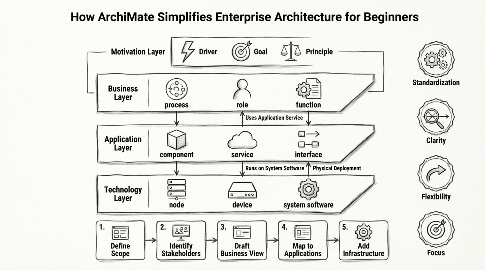 Line art infographic illustrating ArchiMate enterprise architecture framework for beginners: three-layer architecture triad (Business, Application, Technology layers with icons), Motivation Layer context, structural and behavioral relationships, five-step modeling workflow, and key benefits including standardization, clarity, flexibility, and focus