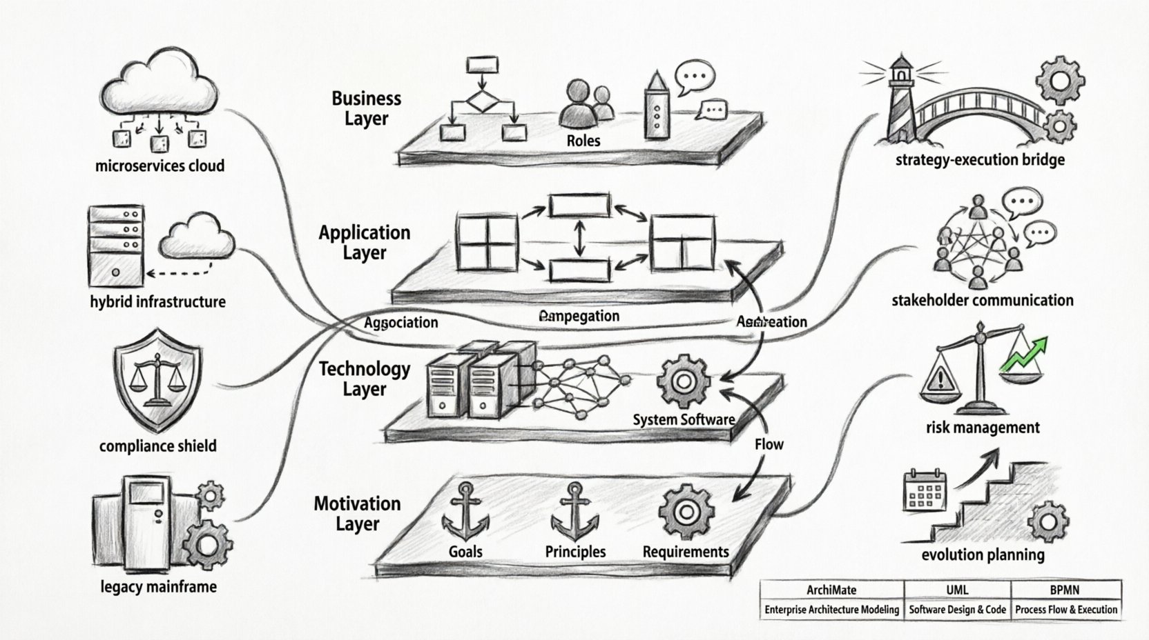 Charcoal contour sketch infographic of ArchiMate enterprise architecture framework showing four layered structure (Business, Application, Technology, Motivation layers), relationship connectors, modern architecture challenges like microservices and hybrid cloud, benefits including strategy-execution alignment and stakeholder communication, and comparison with UML/BPMN modeling approaches for complex system design