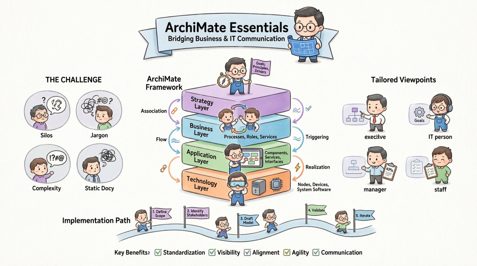 Chibi-style infographic explaining ArchiMate enterprise architecture framework: illustrates communication challenges between business and IT, four layered model (Strategy, Business, Application, Technology), relationship types, stakeholder viewpoints, implementation roadmap, and key benefits for organizational alignment and clarity