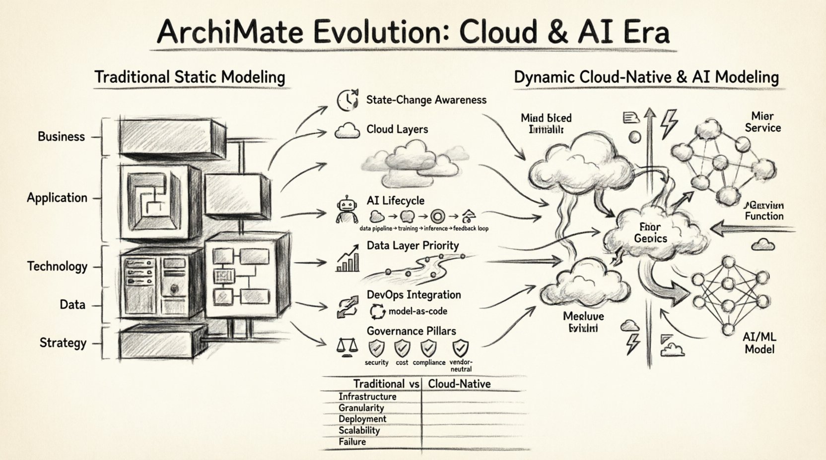 Charcoal sketch infographic illustrating ArchiMate framework evolution for cloud-native and AI-era enterprise architecture: dynamic modeling shifts, microservices, serverless functions, ML lifecycle, data governance, DevOps integration, and future-proofing strategies in monochrome contour style