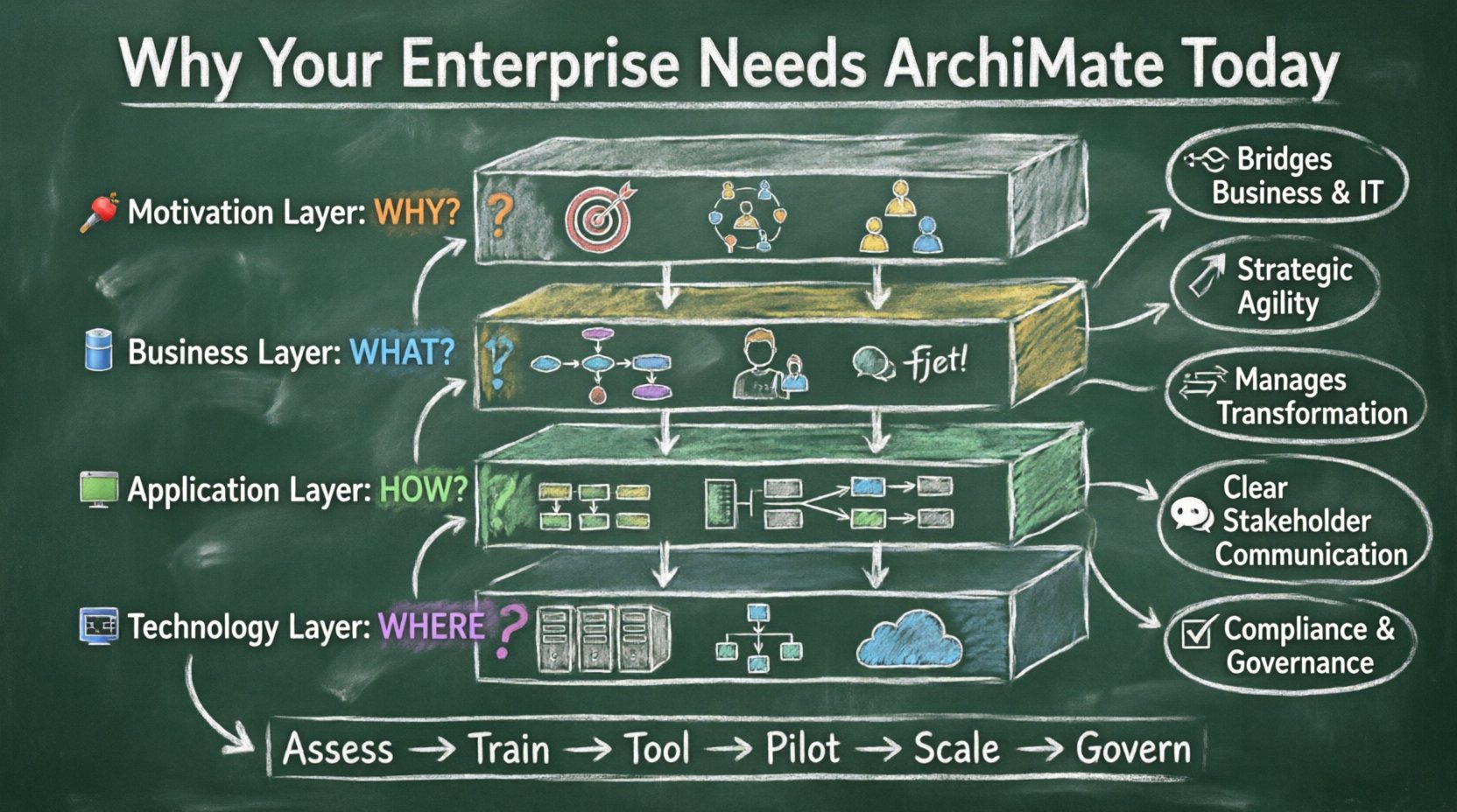 Chalkboard-style educational infographic explaining the ArchiMate framework for enterprise architecture, featuring four stacked layers (Motivation-Why, Business-What, Application-How, Technology-Where) with hand-drawn icons, key benefits including business-IT alignment and strategic agility, and a six-step adoption roadmap, presented in a teacher's classroom aesthetic with white chalk on dark green blackboard background