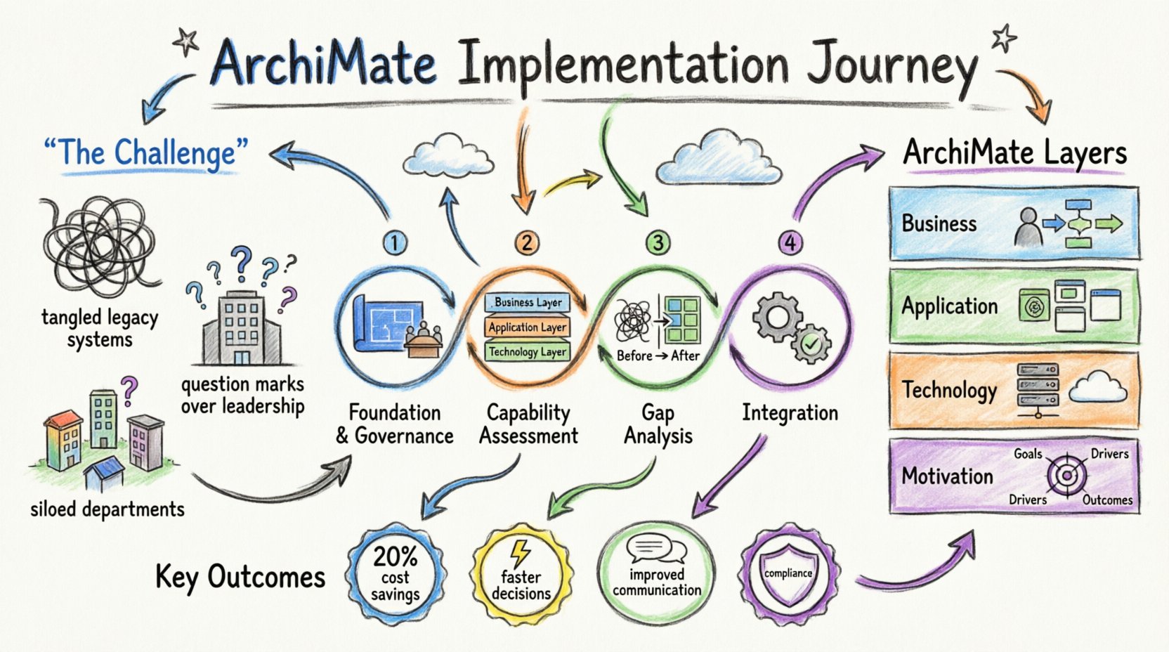 Marker illustration infographic showing ArchiMate enterprise architecture implementation journey in a large corporation: challenges like legacy systems and siloed teams, four-phase rollout (governance, assessment, gap analysis, integration), four ArchiMate layers (Business, Application, Technology, Motivation), and key outcomes including 20% cost savings, faster decision-making, and improved compliance