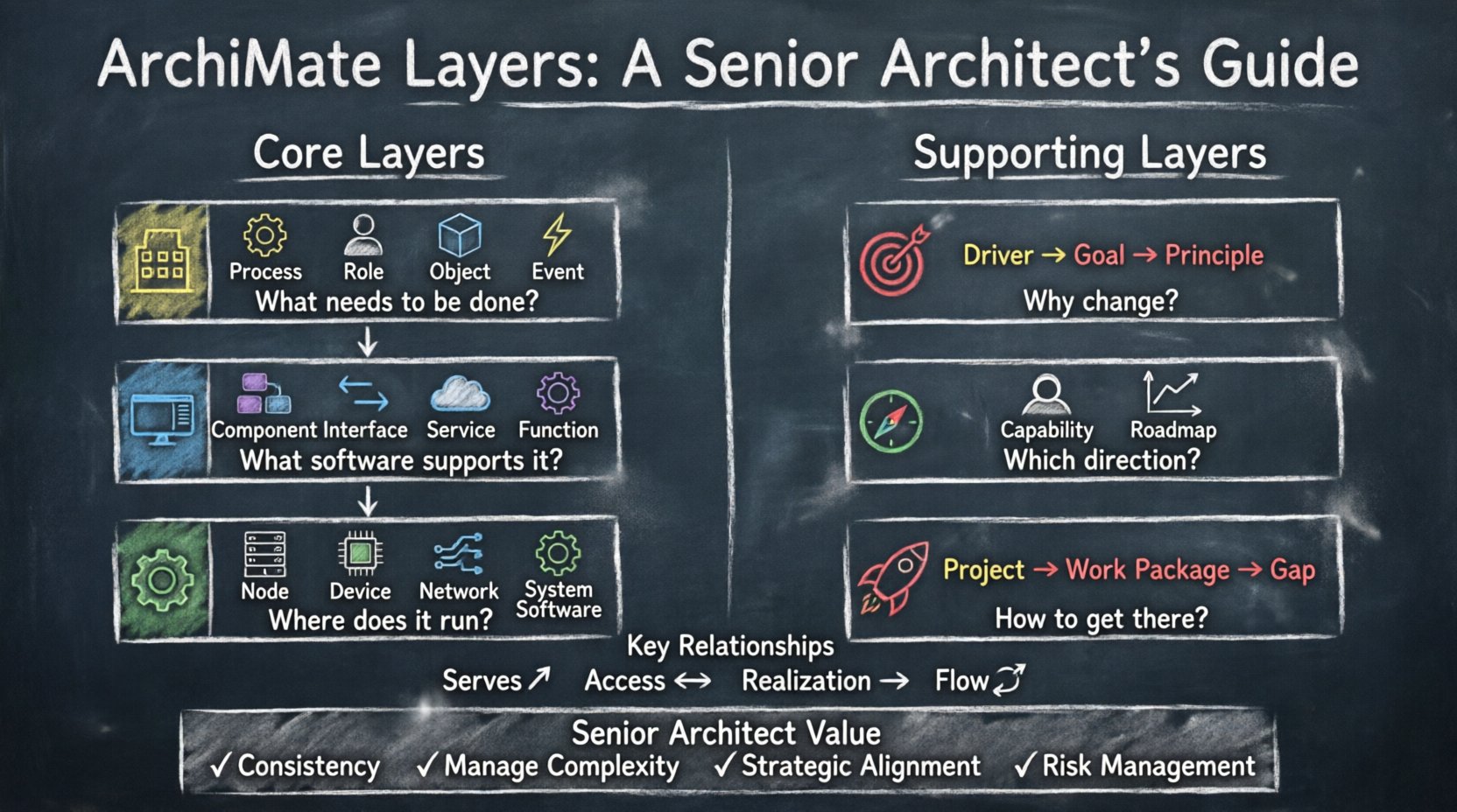Chalkboard-style infographic illustrating the six ArchiMate framework layers for senior architects: Core Layers (Business, Application, Technology) and Supporting Layers (Motivation, Strategy, Implementation), with hand-drawn icons, relationship connectors, and key takeaways for enterprise architecture governance and strategic alignment
