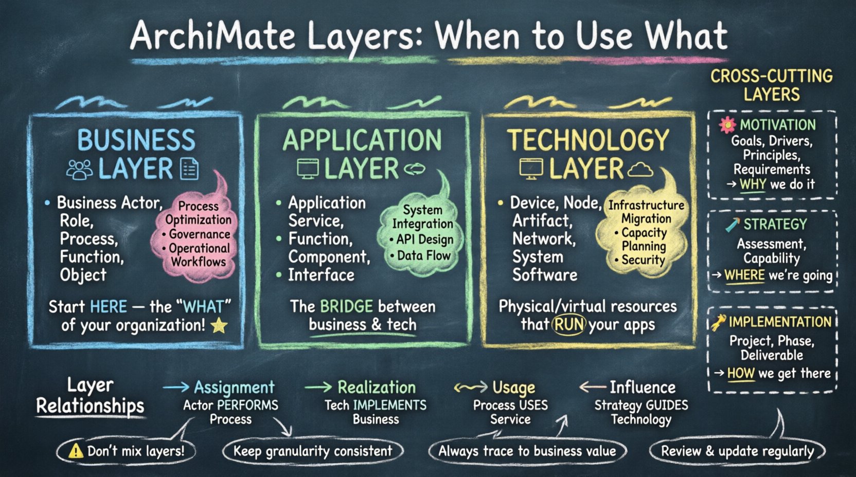 Chalkboard-style educational infographic explaining ArchiMate framework layers: Business, Application, Technology core layers plus Motivation, Strategy, and Implementation cross-cutting layers. Hand-written teacher aesthetic shows when to apply each layer with use cases like process optimization, system integration, and infrastructure migration. Includes layer relationships (assignment, realization, usage, influence), common pitfalls to avoid, and best practices for enterprise architecture modeling. 16:9 aspect ratio with colored chalk highlights on dark slate background.