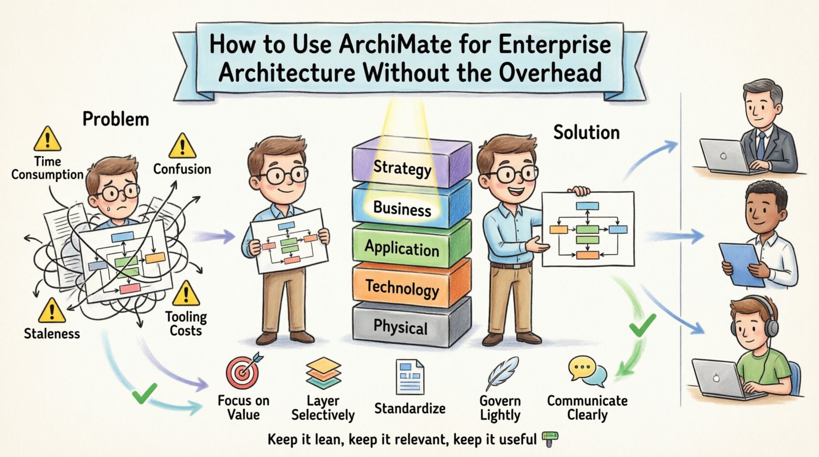 Cartoon infographic: How to use ArchiMate for enterprise architecture without overhead - shows 5 core layers (Strategy, Business, Application, Technology, Physical), lean modeling strategies, abstraction levels for different audiences, and 5 best practices: focus on value, layer selectively, standardize, govern lightly, communicate clearly