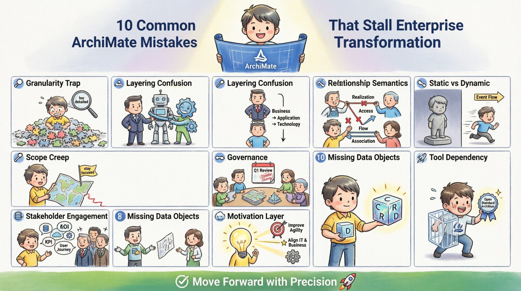 Chibi-style infographic illustrating 10 common ArchiMate modeling mistakes that stall enterprise transformation: over-modeling granularity, layer confusion, misused relationships, static-only views, scope creep, poor governance, stakeholder miscommunication, missing data objects, ignored motivation layer, and tool dependency. Features cute chibi architect characters demonstrating each pitfall with visual fixes, layered color coding (business/application/technology), and clear English labels for enterprise architects and digital transformation teams.