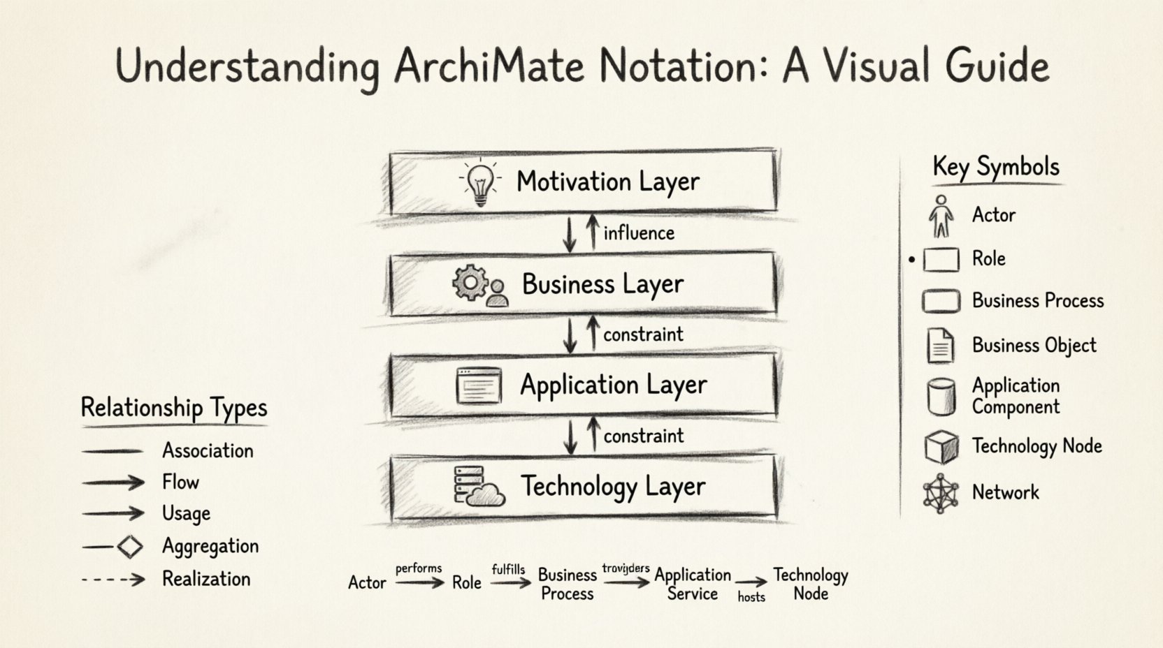 Charcoal sketch infographic explaining ArchiMate notation for non-technical stakeholders, showing four architecture layers (Motivation, Business, Application, Technology), key visual elements with shape legends, relationship line types, and a sample workflow diagram in hand-drawn contour style