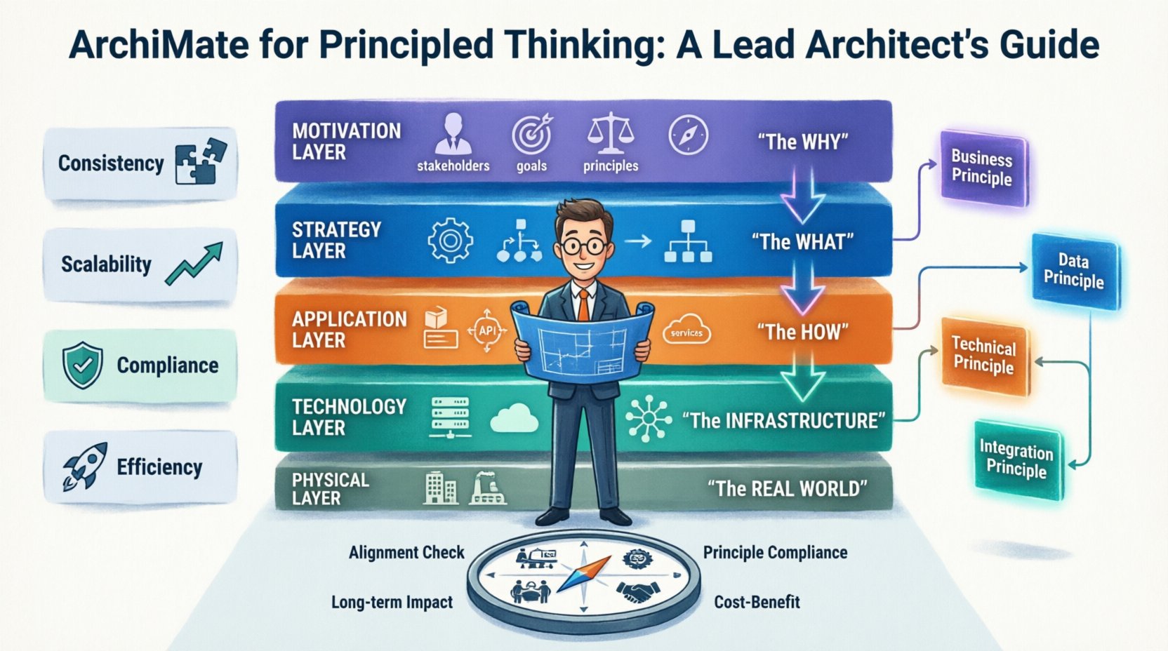 Cartoon infographic illustrating ArchiMate framework's five layers (Motivation, Strategy, Application, Technology, Physical) for principled enterprise architecture, showing benefits like consistency and scalability, principle mapping to architecture domains, and governance activities for lead architects to align strategy with execution