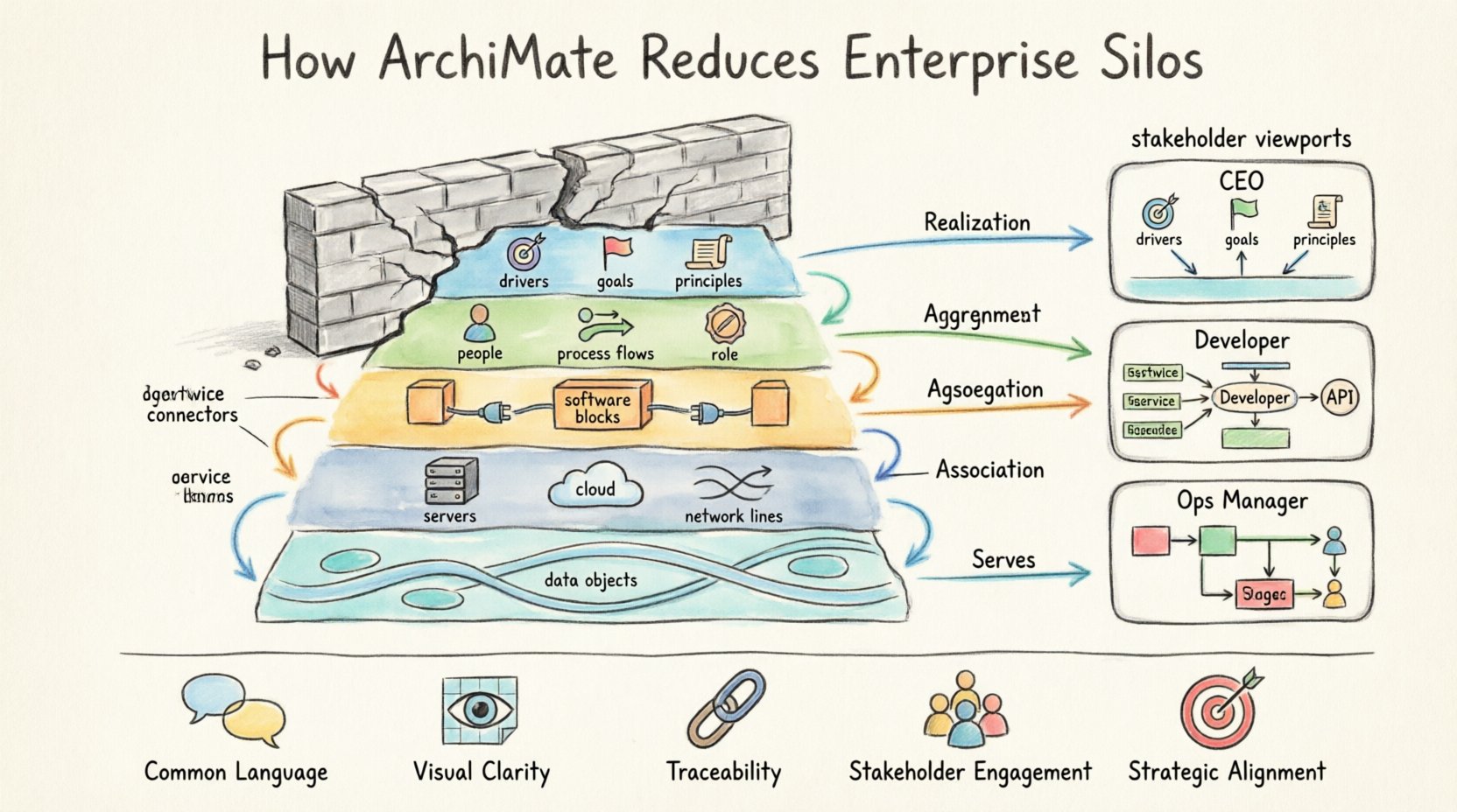 Hand-drawn infographic illustrating how ArchiMate modeling language breaks down enterprise silos through five interconnected layers (Strategy, Business, Application, Technology, Data), relationship connectors (Realization, Assignment, Aggregation, Association, Serves), and stakeholder-specific views, resulting in unified communication, traceability, strategic alignment, and organizational agility.
