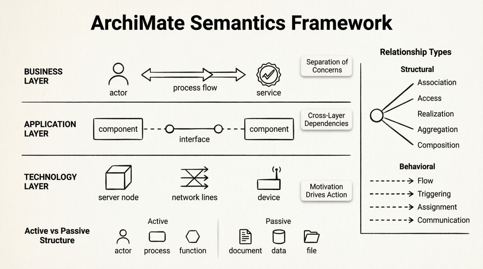 Line art infographic illustrating ArchiMate semantics for enterprise architecture: three core layers (Business, Application, Technology), structural and behavioral relationships, active vs passive structure distinction, and cross-layer dependencies with clear visual hierarchy and English labels
