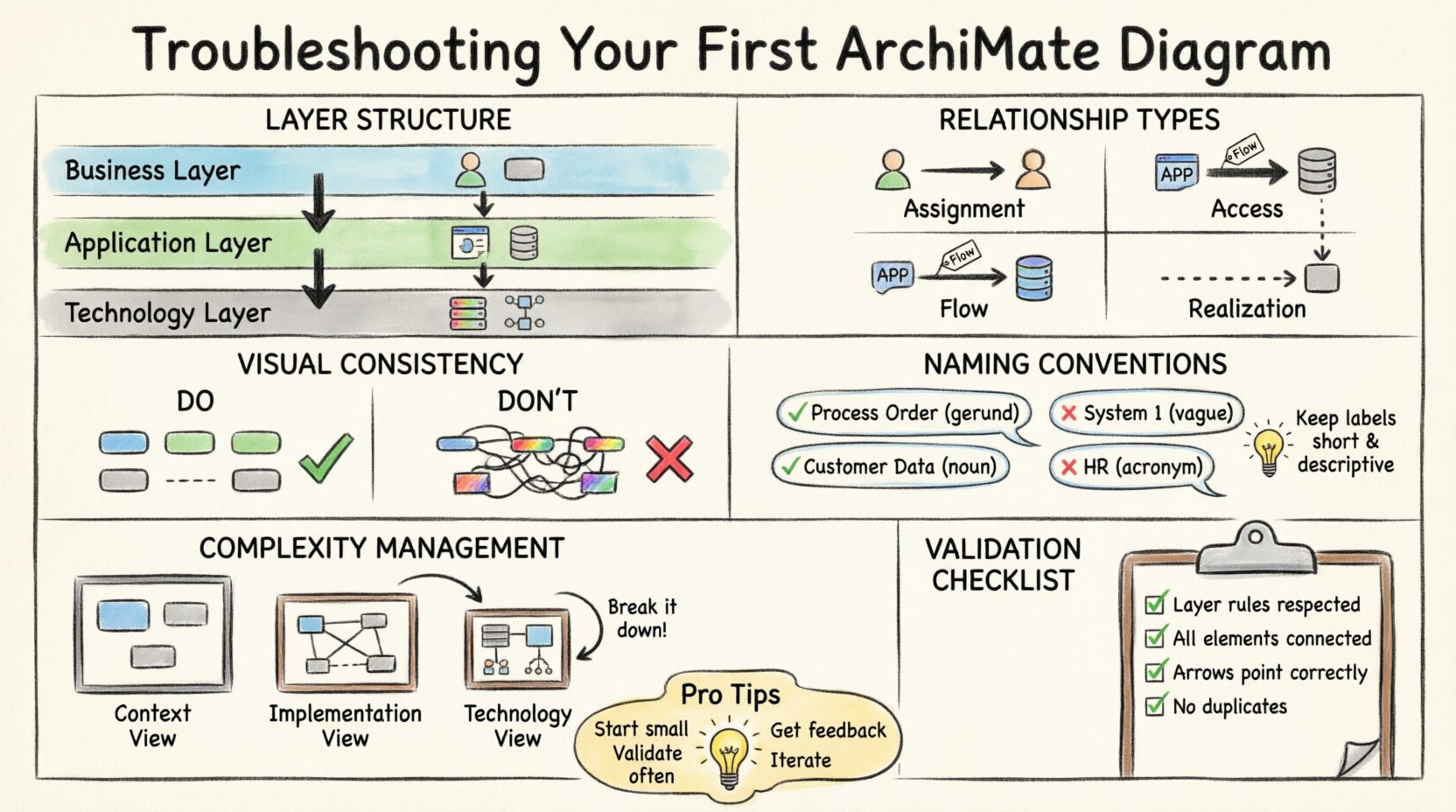 Hand-drawn infographic guide for troubleshooting first ArchiMate diagrams, illustrating the three-layer structure (Business, Application, Technology), four key relationship types (Assignment, Access, Flow, Realization), visual consistency best practices, naming conventions with gerunds and nouns, decomposition strategies for managing complexity, and a validation checklist for enterprise architecture modeling clarity