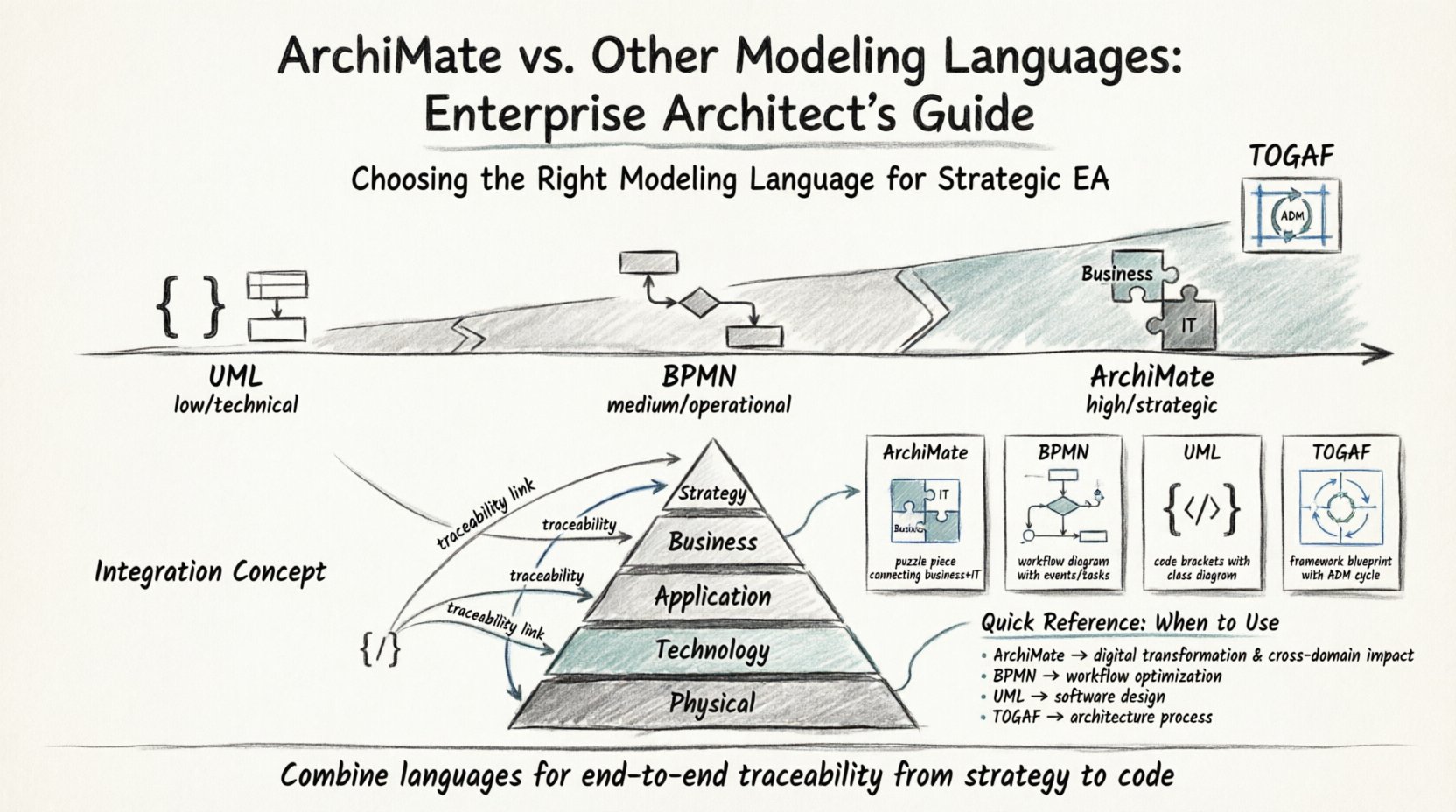 Sketch-style infographic comparing ArchiMate with BPMN, UML, and TOGAF for enterprise architecture, showing abstraction levels from technical to strategic, ArchiMate's five-layer model (Strategy, Business, Application, Technology, Physical), when-to-use guidance for each modeling language, and integration strategies for end-to-end traceability from business strategy to software implementation