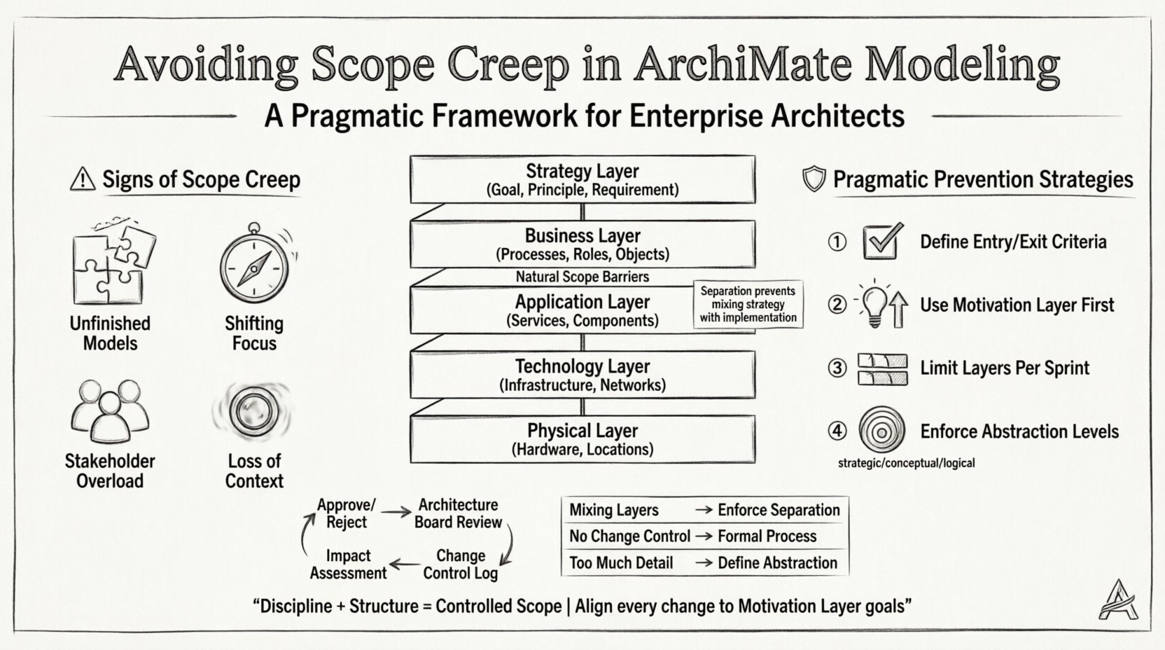 Line art infographic illustrating pragmatic strategies to prevent scope creep in ArchiMate enterprise architecture modeling, featuring the five ArchiMate layers (Strategy, Business, Application, Technology, Physical), four key prevention tactics (entry/exit criteria, motivation layer prioritization, phased layer implementation, abstraction level enforcement), governance workflow, and common pitfalls with solutions for disciplined architecture delivery