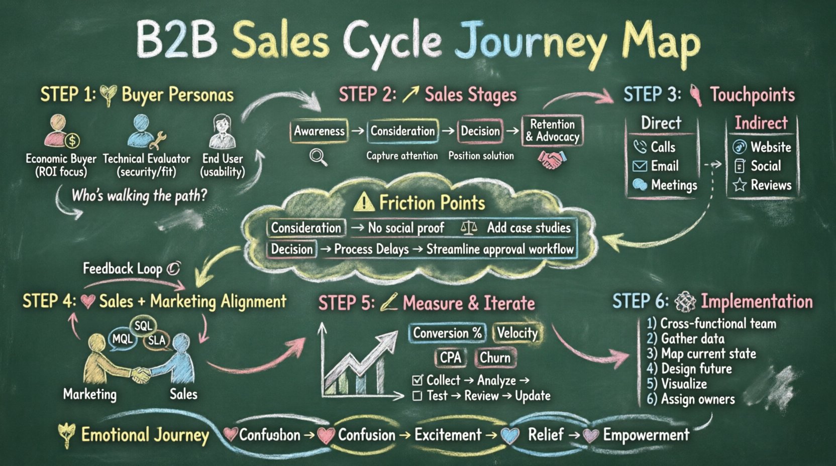 Chalkboard-style infographic illustrating the 6-step B2B sales cycle journey map: defining buyer personas (economic buyer, technical evaluator, end user), mapping sales stages (awareness to advocacy), identifying touchpoints, pinpointing friction points, aligning sales and marketing with MQL/SQL/SLA handoffs, and measuring KPIs for iteration. Features hand-drawn chalk visuals, emotional journey timeline, and practical implementation checklist for customer-centric revenue growth.
