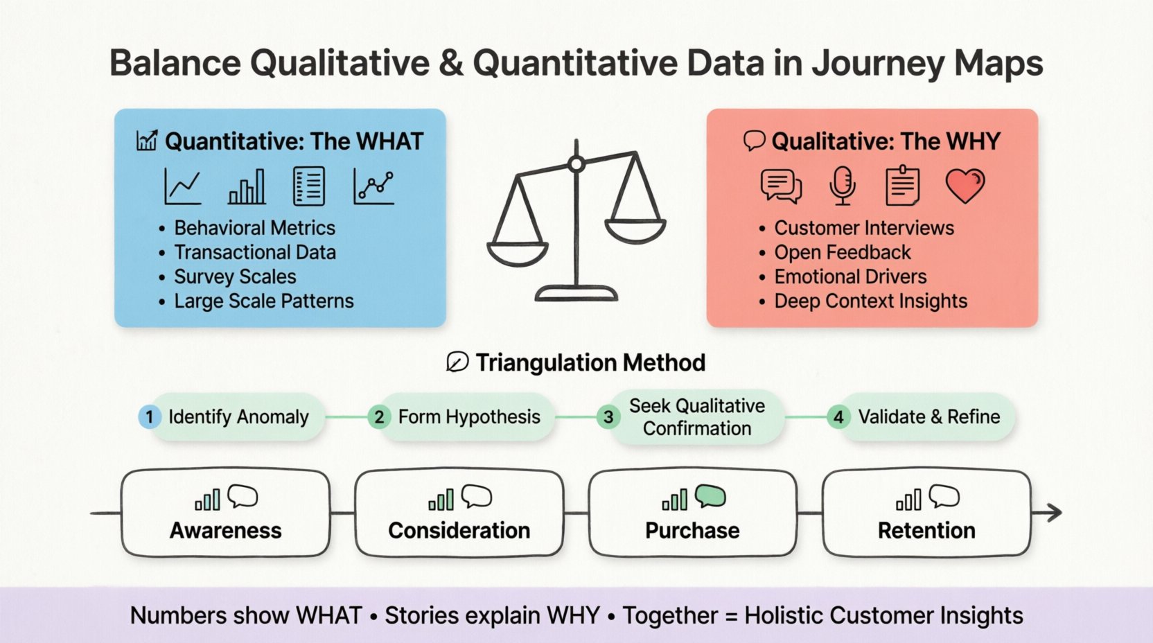 Infographic illustrating how to balance qualitative and quantitative data in customer journey maps, featuring a two-column comparison of data types (quantitative metrics vs qualitative insights), a four-step triangulation method, and a customer journey timeline with integrated data icons, designed in clean flat style with pastel colors and rounded shapes for social media and educational use