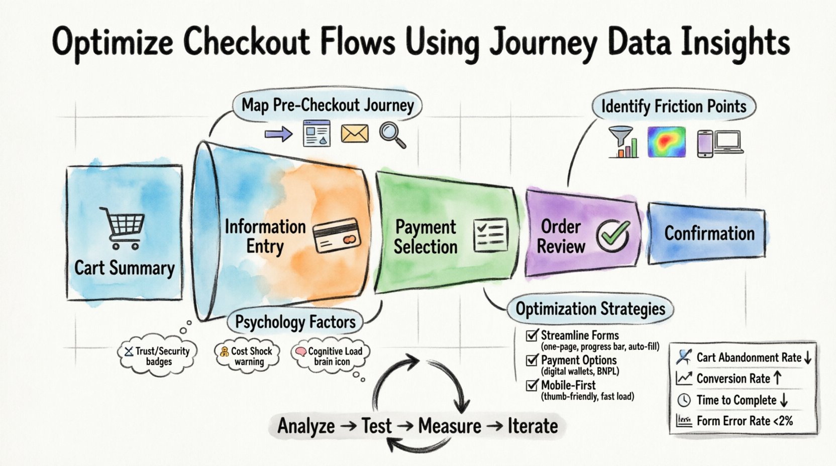 Marker illustration infographic showing how to optimize e-commerce checkout flows using journey data insights. Features a central 5-stage funnel (Cart Summary, Information Entry, Payment Selection, Order Review, Confirmation) with hand-drawn icons. Surrounding callouts highlight: pre-checkout journey mapping with entry point sources; friction point identification via funnel analysis, heatmaps, and device segmentation; psychology factors including trust signals, cost transparency, and cognitive load reduction; optimization strategies like streamlined forms, diverse payment options, and mobile-first design. Includes key KPIs dashboard (cart abandonment rate, conversion rate, time to complete, form error rate) and a continuous improvement cycle. Bold marker-style outlines with vibrant watercolor fills on clean white background, 16:9 aspect ratio.