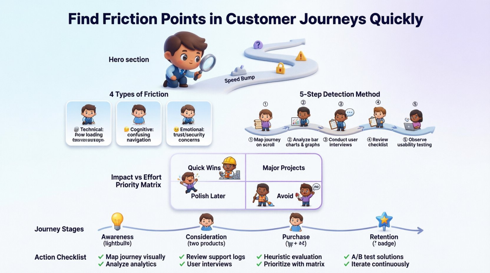 Chibi-style infographic illustrating how to identify and resolve customer journey friction points, featuring four friction types (technical, cognitive, process, emotional), a 5-step detection methodology, impact-vs-effort prioritization matrix, customer journey stages timeline, and an actionable checklist for continuous improvement