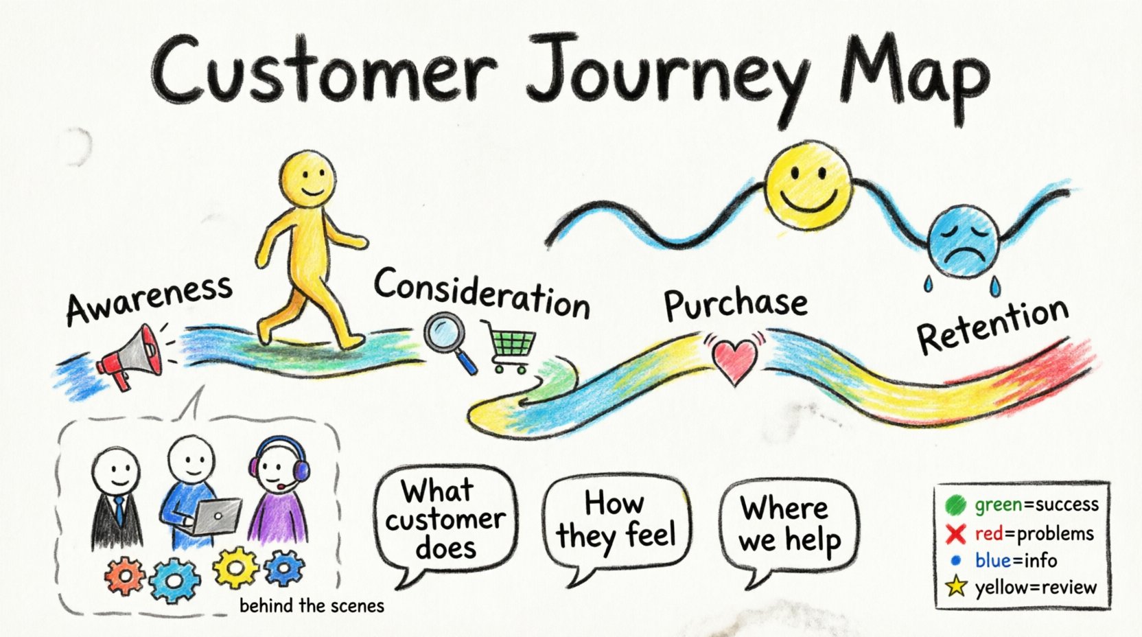 A playful child's drawing style infographic showing a customer journey map with a winding path through Awareness, Consideration, Purchase, and Retention phases, featuring a stick-figure customer, emotional curve with smiley and sad faces, color-coded touchpoints (green for success, red for pain points, blue for standard steps, yellow for opportunities), and behind-the-scenes team elements, designed to help stakeholders quickly understand customer experience insights
