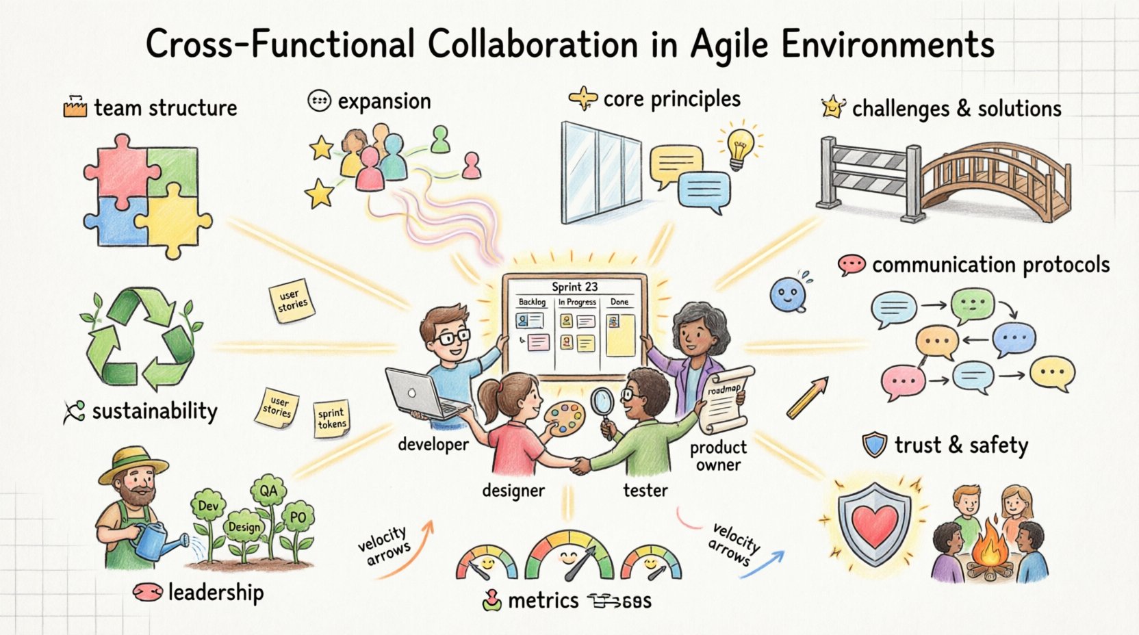 Whimsical infographic illustrating cross-functional collaboration in agile environments, featuring diverse team members with complementary skills, core principles like transparency and iterative learning, communication protocols, trust-building strategies, leadership support, and success metrics—all presented in a playful cartoon style with soft pastel colors and hand-drawn elements