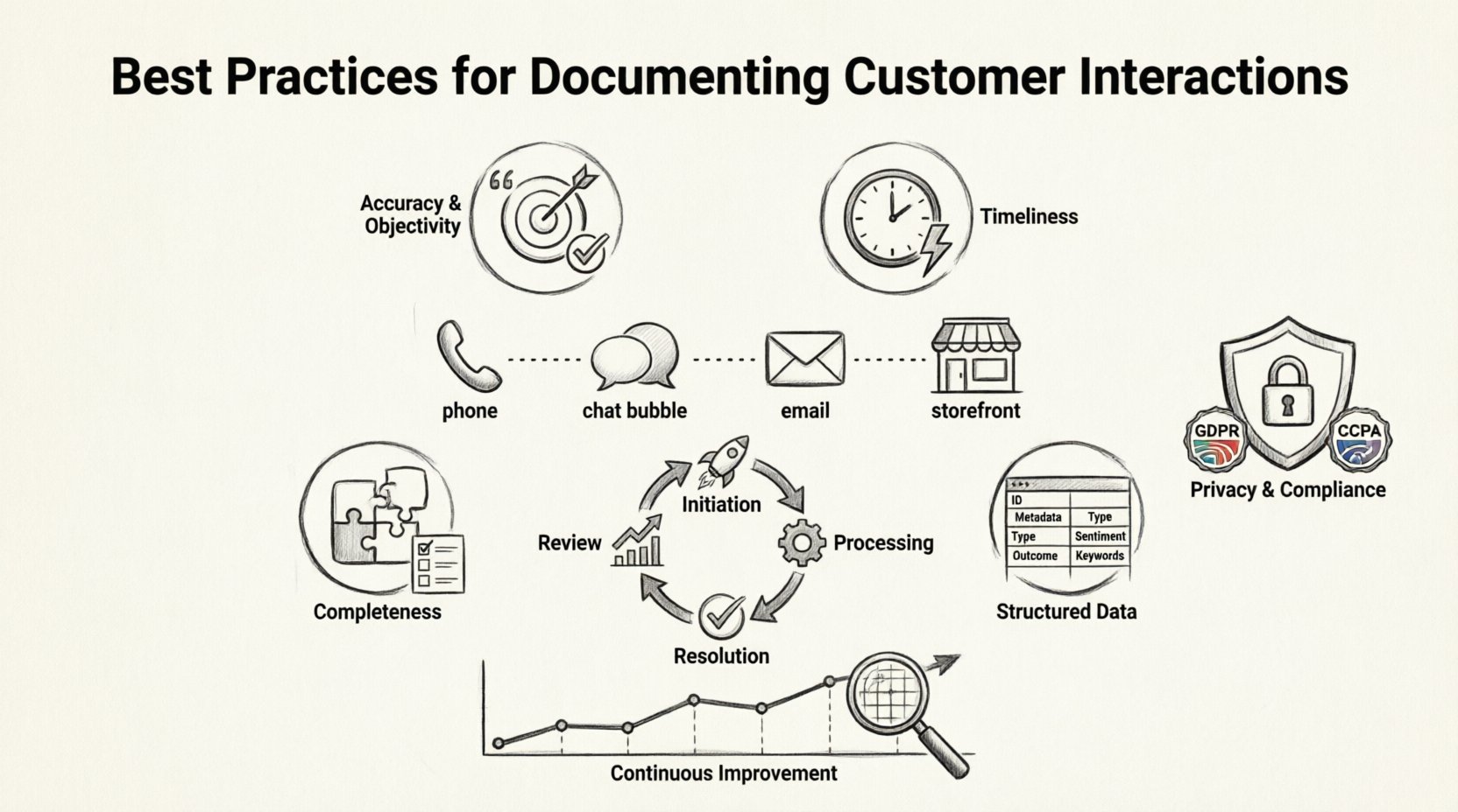 Line art infographic illustrating best practices for documenting customer interactions: journey mapping touchpoints, four core principles (accuracy, timeliness, completeness, structured data), four-phase documentation lifecycle (initiation, processing, resolution, review), privacy compliance shield, and continuous improvement analytics - designed for customer service teams and UX professionals