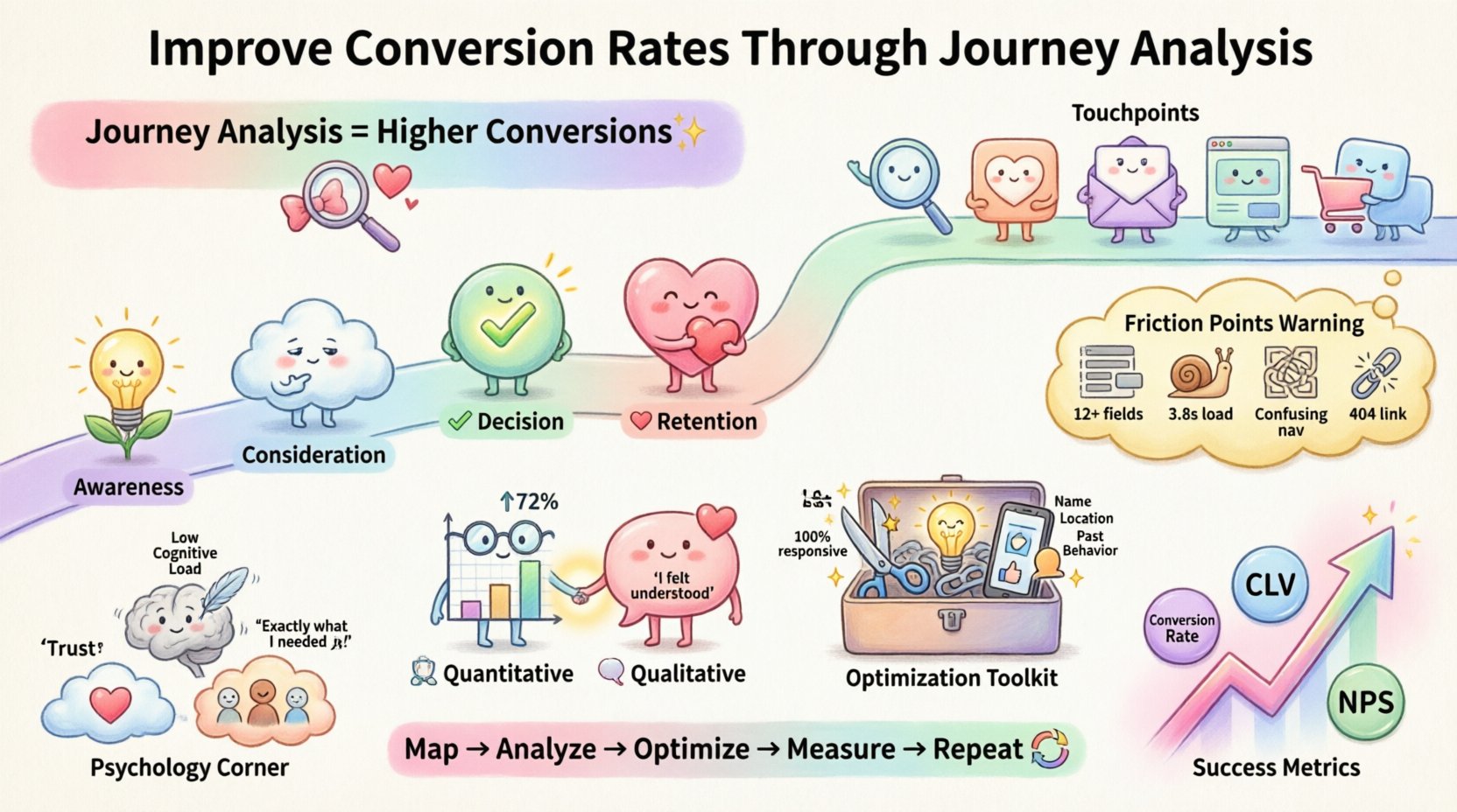 Kawaii-style infographic illustrating how to improve conversion rates through customer journey analysis, featuring pastel-colored sections on awareness-consideration-decision-retention stages, key touchpoints, friction point mitigation, quantitative and qualitative data collection methods, optimization strategies, success KPIs, and psychological factors like trust and social proof, all rendered in cute vector art with rounded shapes and friendly icons