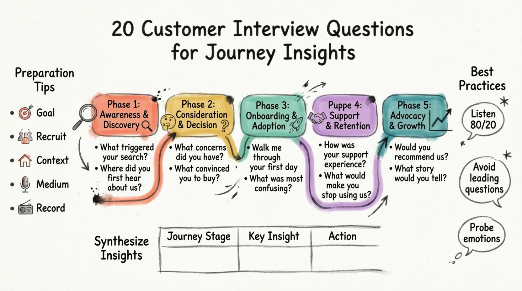 Hand-drawn marker illustration infographic displaying 20 customer interview questions organized across 5 journey phases: Awareness, Consideration, Onboarding, Support, and Advocacy, with preparation tips and best practices for gathering customer journey insights