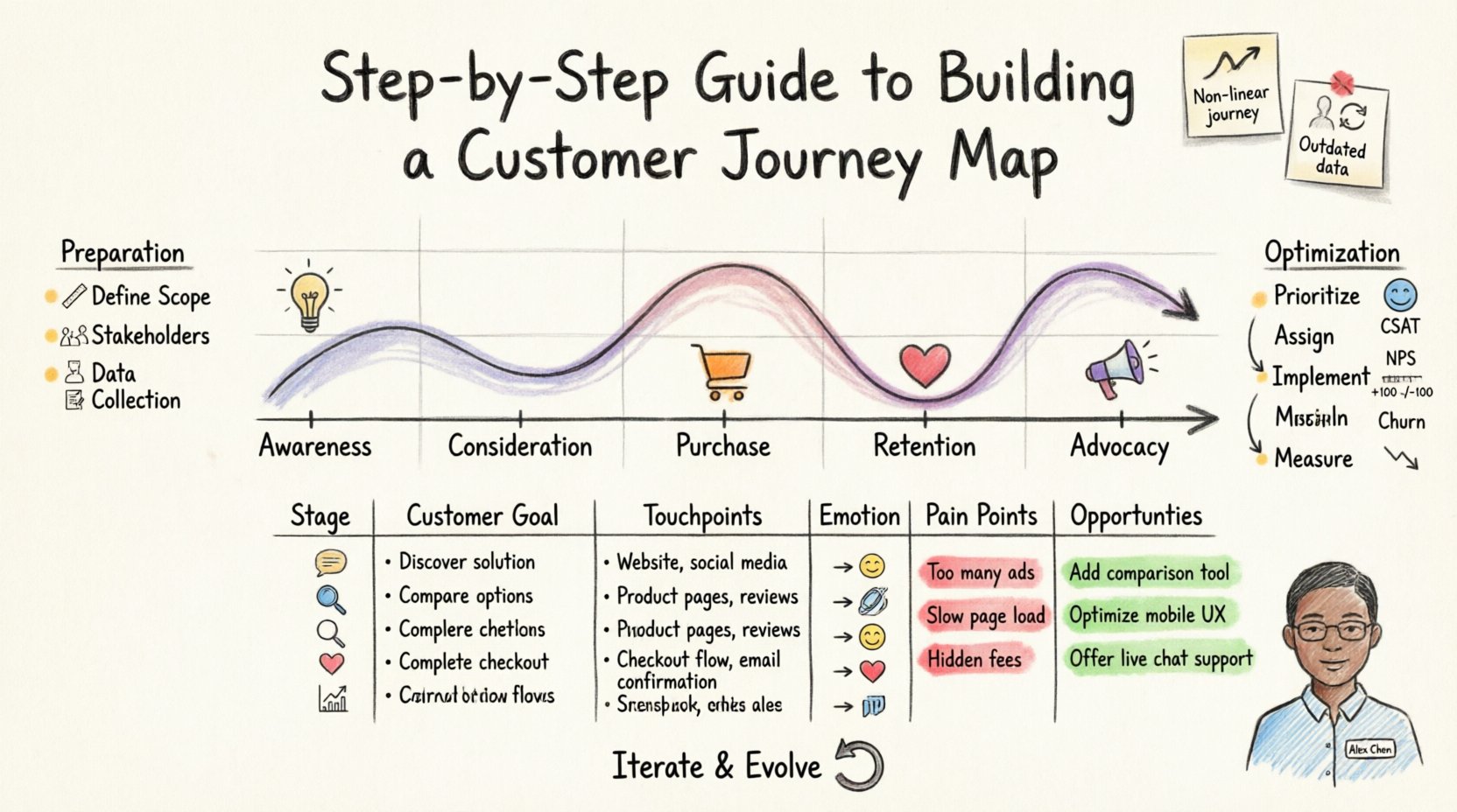 Hand-drawn marker illustration infographic: Step-by-Step Guide to Building a Customer Journey Map showing horizontal timeline with five stages (Awareness, Consideration, Purchase, Retention, Advocacy), emotional curve overlay, touchpoint icons, color-coded pain points in red and opportunities in green, persona profile, preparation checklist, optimization cycle with KPIs (CSAT, NPS, Churn Rate), and common pitfalls warnings, designed for customer experience strategy planning