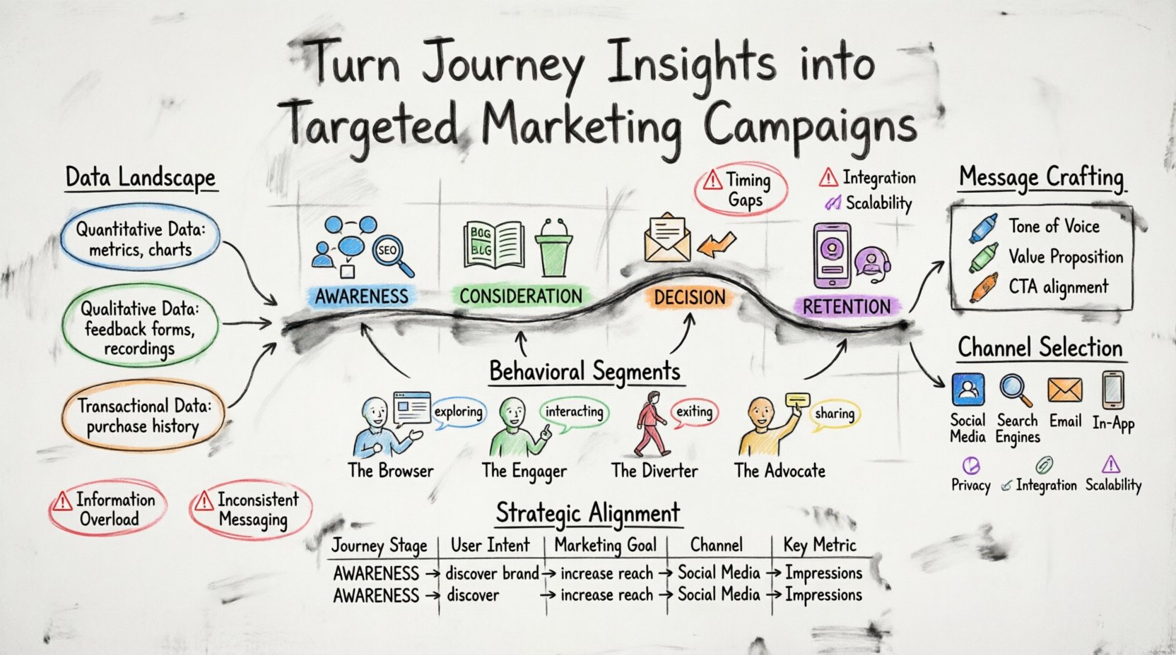 Hand-drawn whiteboard infographic illustrating how to transform customer journey insights into targeted marketing campaigns, featuring color-coded journey stages (awareness, consideration, decision, retention), data types (quantitative, qualitative, transactional), behavioral segments (browser, engager, diverter, advocate), message crafting strategies, channel selection guide, and stage-specific KPIs with marker-style visuals