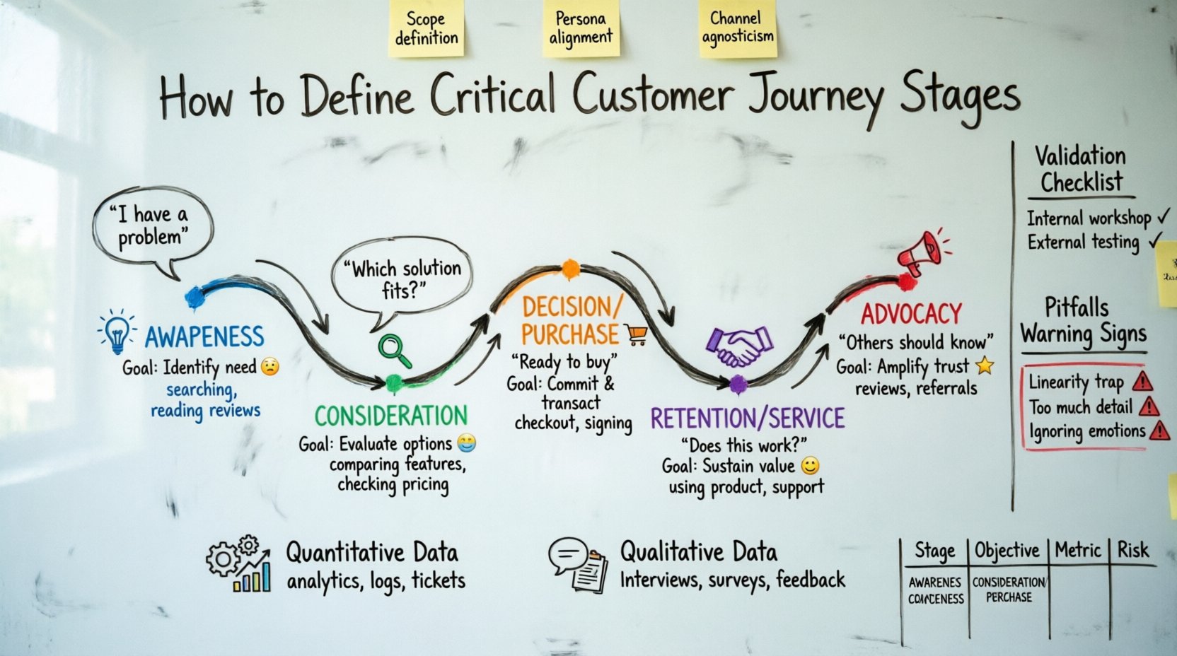 Hand-drawn whiteboard infographic illustrating the 5 critical customer journey stages: Awareness (blue), Consideration (green), Decision/Purchase (orange), Retention/Service (purple), and Advocacy (red). Each stage displays customer mindset, primary goal, key activities, and emotional state. Includes foundation elements (scope definition, persona alignment, channel agnosticism), data gathering methods (quantitative analytics and qualitative interviews), validation steps (internal workshops and external testing), and common pitfalls to avoid. Designed with colored marker style on whiteboard background for intuitive customer experience strategy planning and journey mapping.