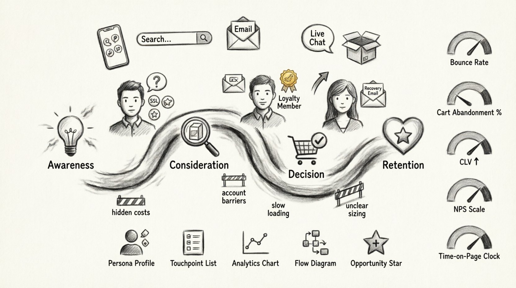 Charcoal contour sketch infographic illustrating e-commerce customer journey mapping for online stores: four lifecycle stages (awareness, consideration, decision, retention), three shopper scenarios (first-time visitor, returning customer, cart abandoner), multi-channel touchpoints (social media, search, email, support, unboxing), friction point roadblocks, five-step mapping process, and key performance metrics (bounce rate, cart abandonment, CLV, NPS) – hand-drawn artistic style with English labels