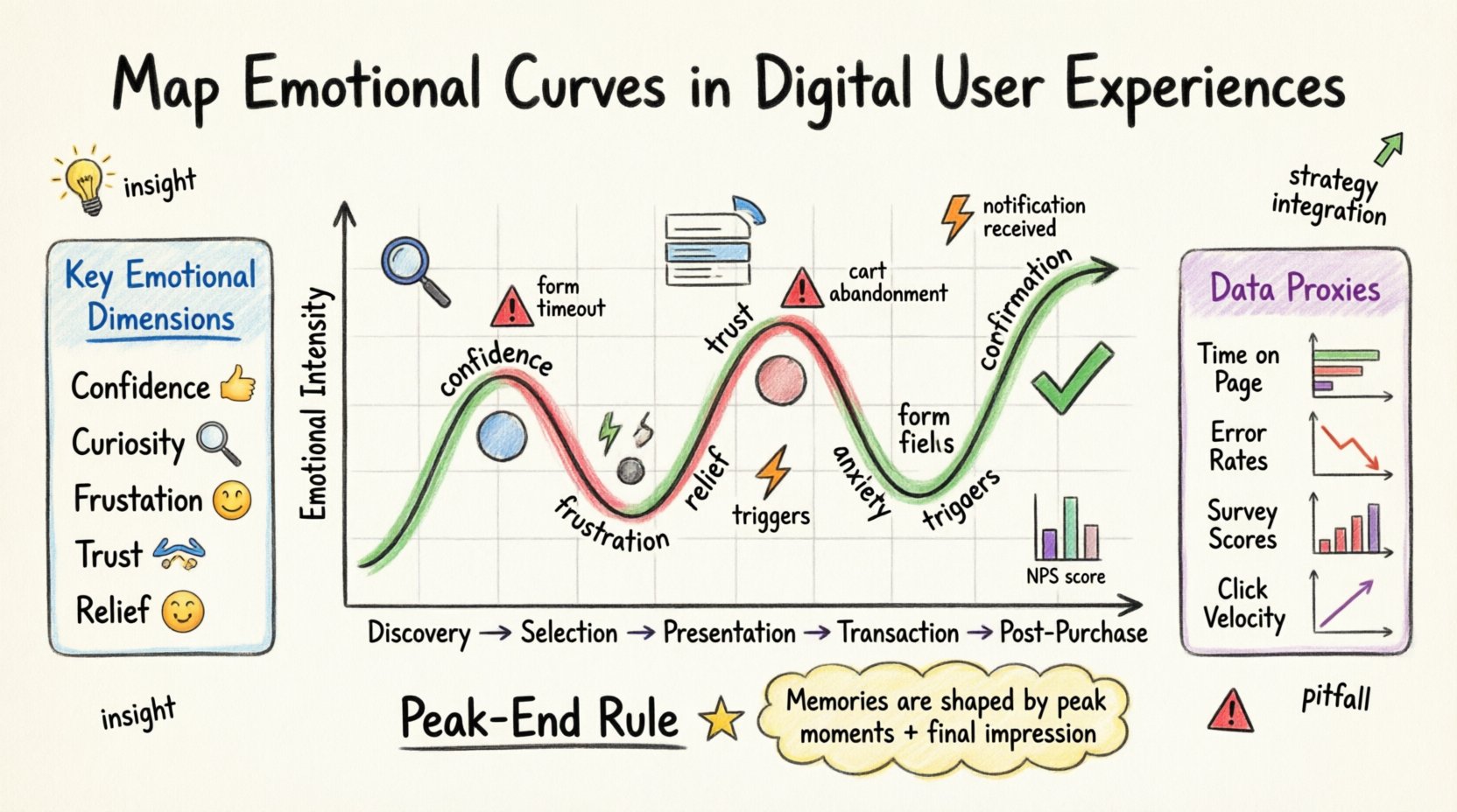 Hand-drawn whiteboard infographic illustrating emotional curve mapping in digital user experiences: a wavy line graph charts user sentiment fluctuations across journey stages (Discovery, Selection, Presentation, Transaction, Post-Purchase), with color-coded markers highlighting key emotional dimensions (confidence, curiosity, frustration, trust, relief), touchpoint triggers, data proxies for measuring sentiment, the Peak-End Rule psychology principle, and strategic actions to improve user satisfaction and retention