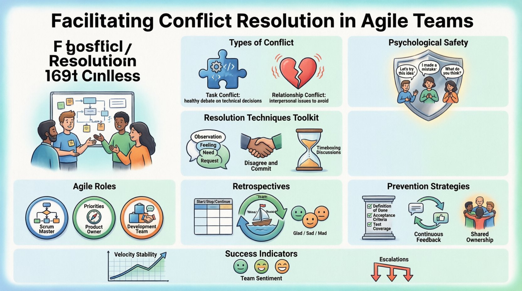Cartoon infographic summarizing conflict resolution in Agile teams: types of conflict (task vs relationship), psychological safety foundation, resolution techniques (NVC, disagree & commit, timeboxing), Agile roles (Scrum Master, Product Owner, Dev Team), retrospective formats, prevention strategies, and success metrics for team health
