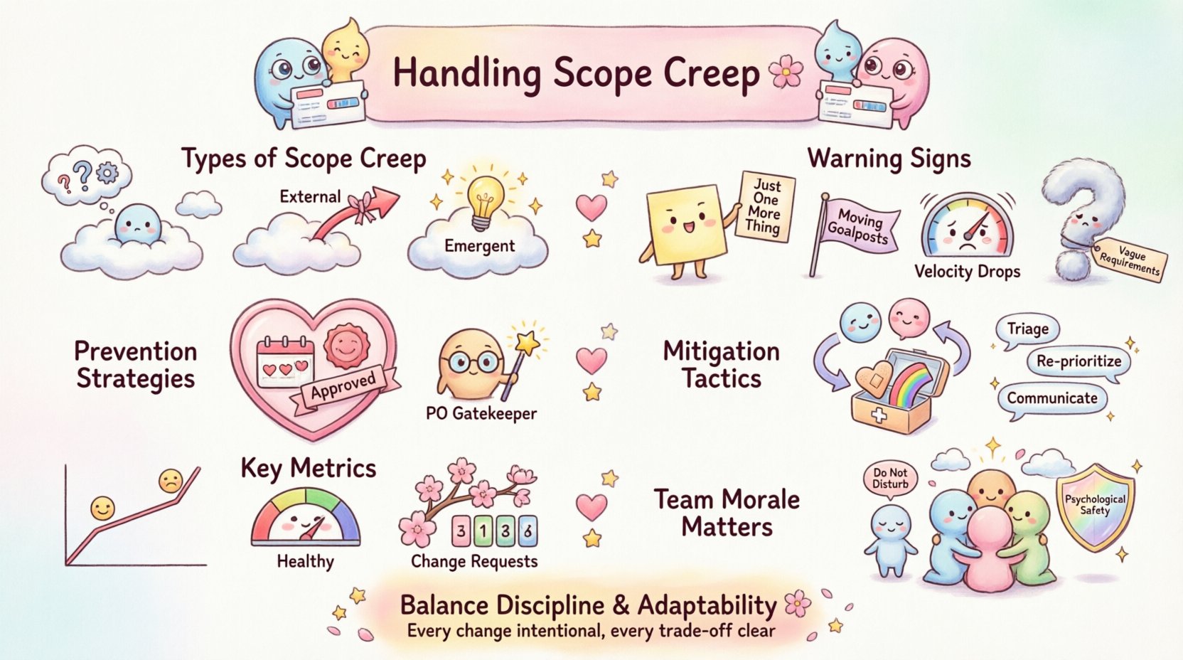 Kawaii-style infographic summarizing strategies to handle scope creep in Agile iterative development cycles, featuring cute pastel illustrations of creep types, early warning signs, prevention tactics, mitigation methods, key metrics to monitor, and team morale tips for sustainable sprint success