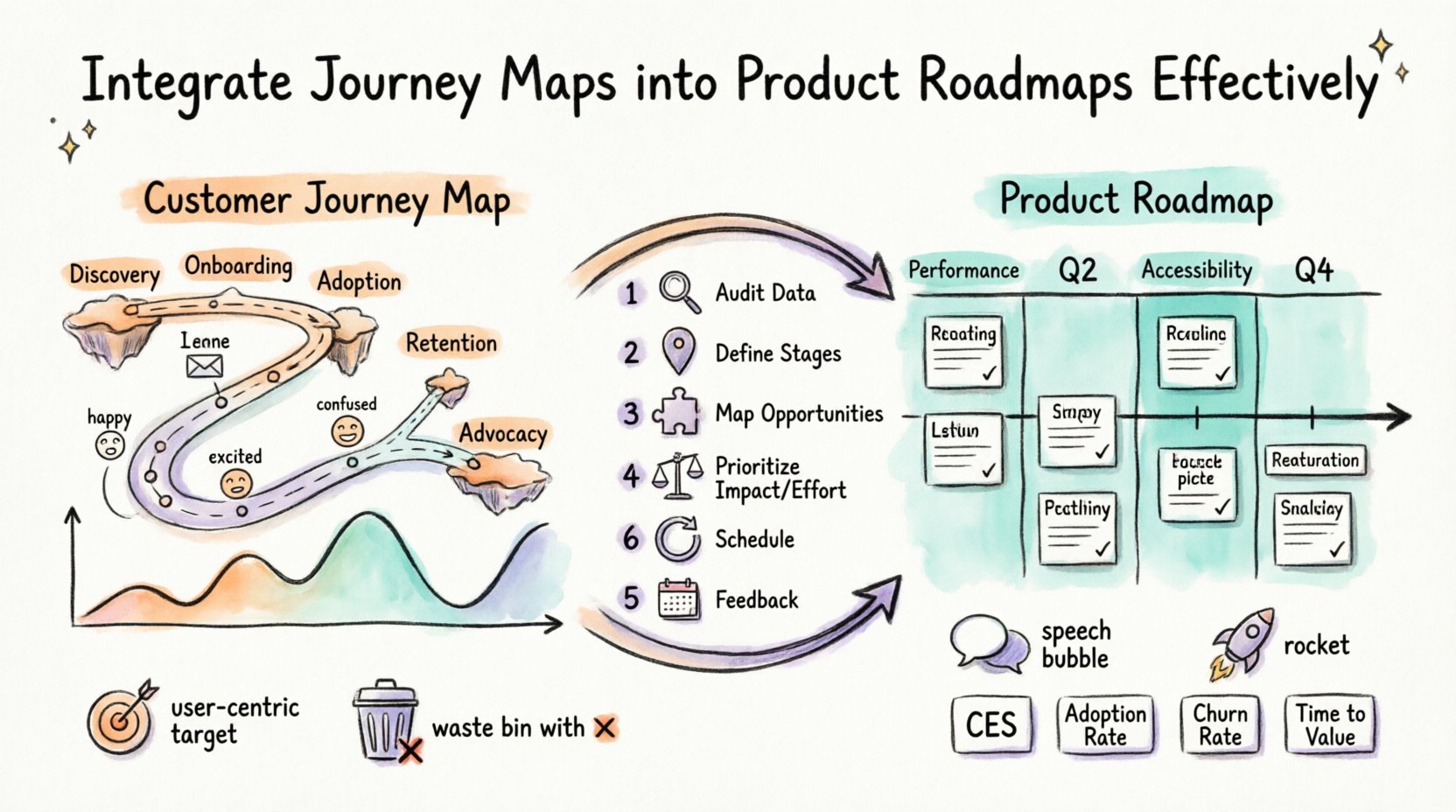 Hand-drawn infographic illustrating how to integrate customer journey maps with product roadmaps, showing the 6-step process, key benefits, journey stages (Discovery to Advocacy), roadmap themes, and KPIs for user-centric product planning