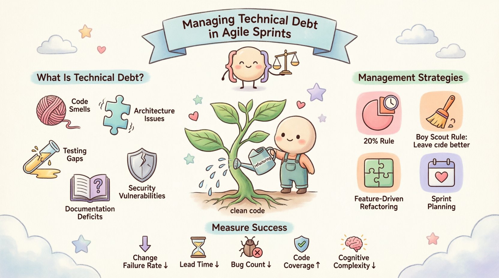 Kawaii-style infographic illustrating how to manage technical debt within Agile sprints, featuring pastel-colored cute vector icons for code smells, testing gaps, architecture issues, prioritization strategies including the 20% rule and Boy Scout rule, feature-driven refactoring approaches, and key success metrics like change failure rate and code coverage, all presented in a friendly 16:9 layout with rounded shapes and soft colors to make technical concepts approachable