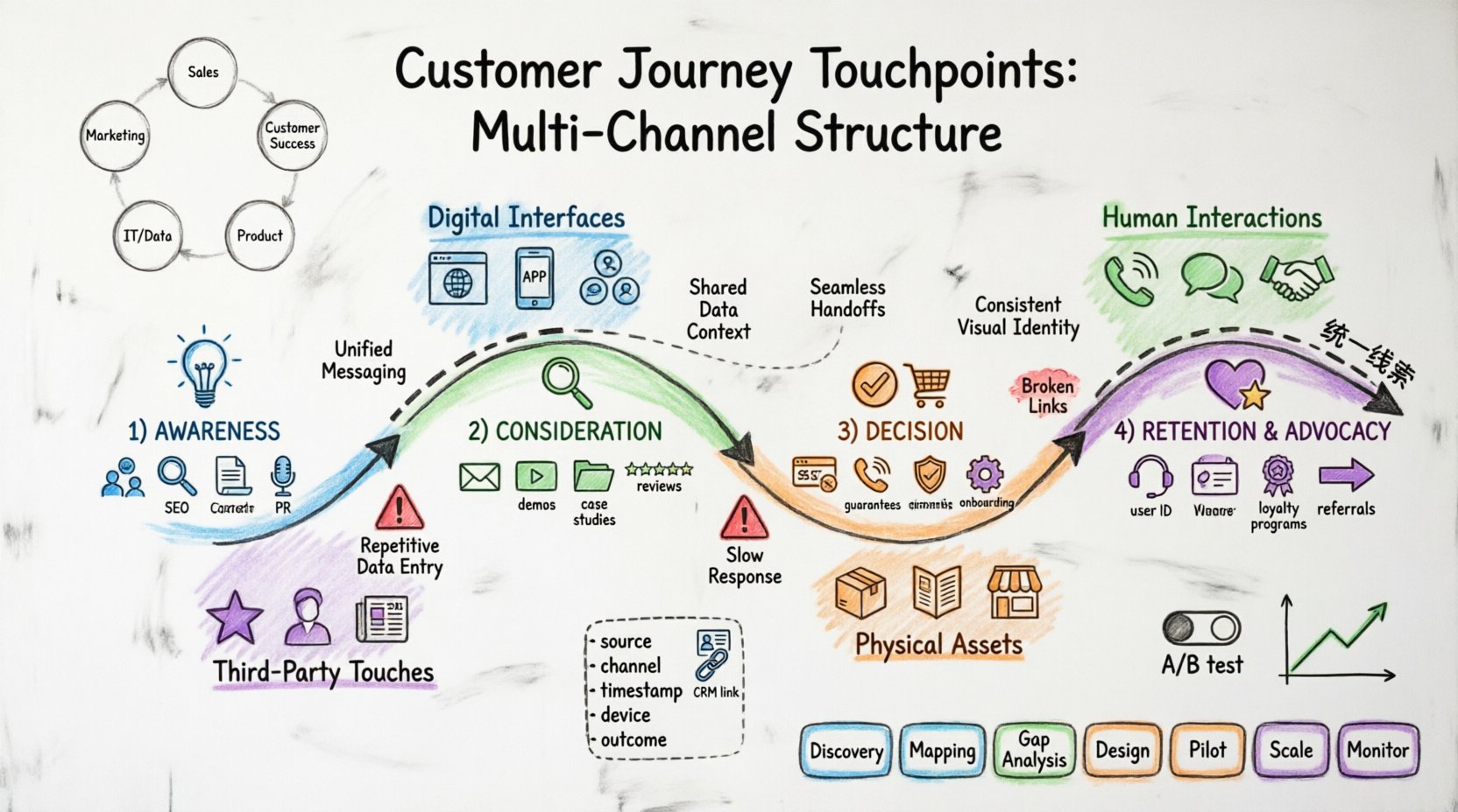 Hand-drawn whiteboard infographic illustrating customer journey touchpoints across marketing channels, showing four stages (awareness, consideration, decision, retention) with color-coded touchpoint types (digital-blue, human-green, physical-orange, third-party-purple), omnichannel integration principles, data structure elements, friction points, optimization tactics, and a 7-phase implementation roadmap for cohesive customer experience strategy