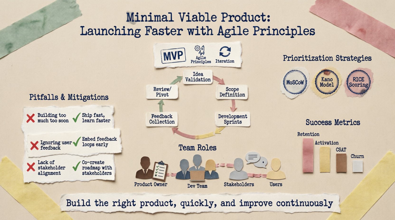 Infographic illustrating the Minimal Viable Product (MVP) development process using Agile principles, featuring the 5-stage lifecycle (Idea Validation, Scope Definition, Development Sprints, Feedback Collection, Review/Pivot), prioritization frameworks (MoSCoW, Kano, RICE), common pitfalls with Agile mitigation strategies, key success metrics (Retention, Activation, CSAT, Churn), and team roles, all presented in a creative stamp and washi tape aesthetic with layered paper textures and decorative craft elements