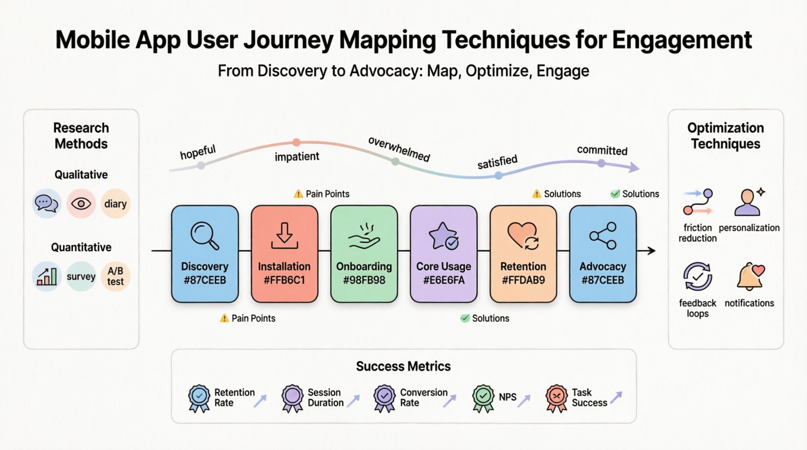 Infographic illustrating mobile app user journey mapping techniques for engagement: a clean flat-design flowchart showing six key stages (Discovery, Installation, Onboarding, Core Usage, Retention, Advocacy) with rounded icons in pastel colors, emotional curve overlay, research methods sidebar, optimization strategies, and success metrics, designed with black outlines and ample white space for student-friendly social media content