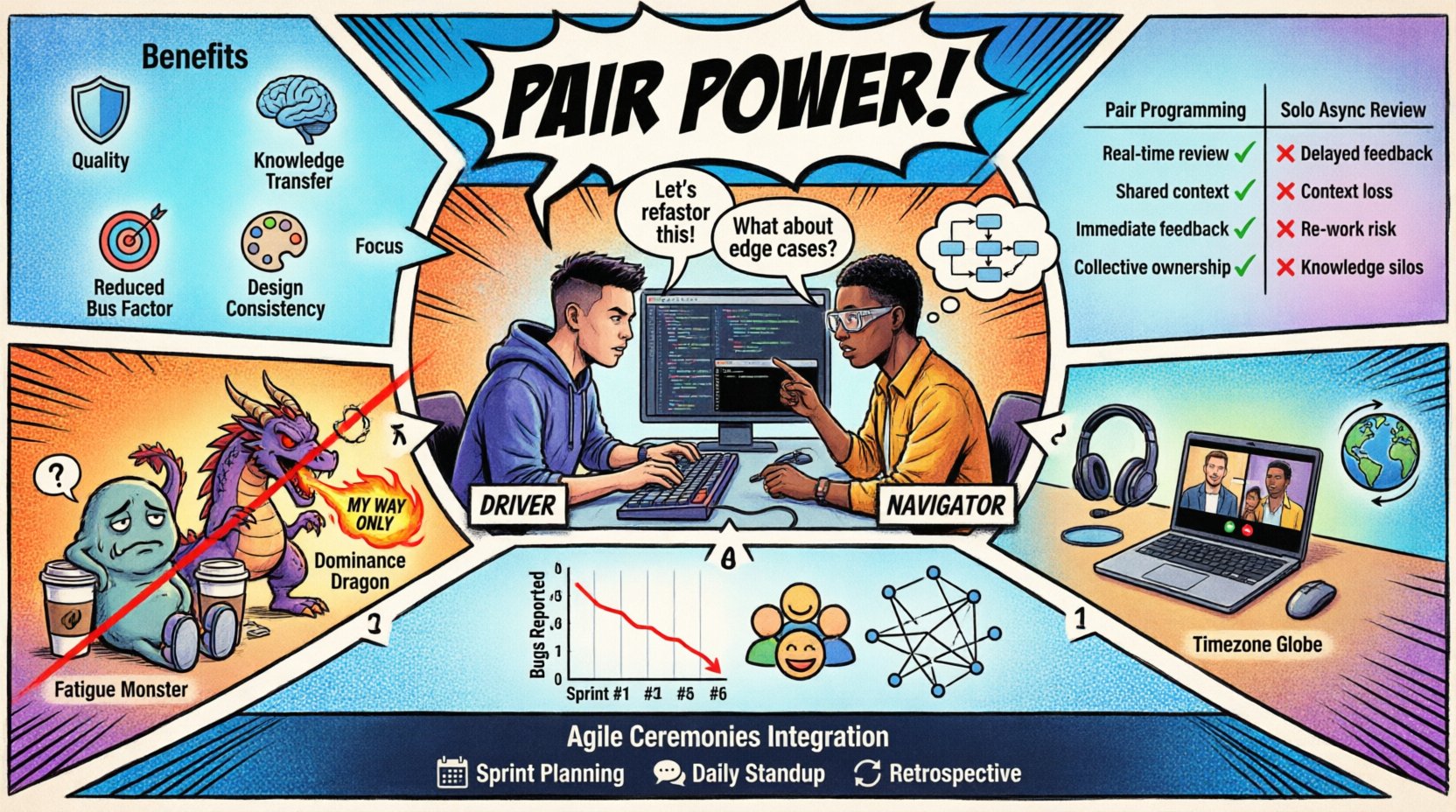 Comic book style infographic illustrating pair programming dynamics in Agile settings: shows Driver and Navigator roles collaborating at one workstation, key benefits including improved code quality and knowledge transfer, comparison of pair vs solo development, common obstacles like fatigue and dominance, remote pairing considerations, and integration with Agile ceremonies like sprint planning and retrospectives
