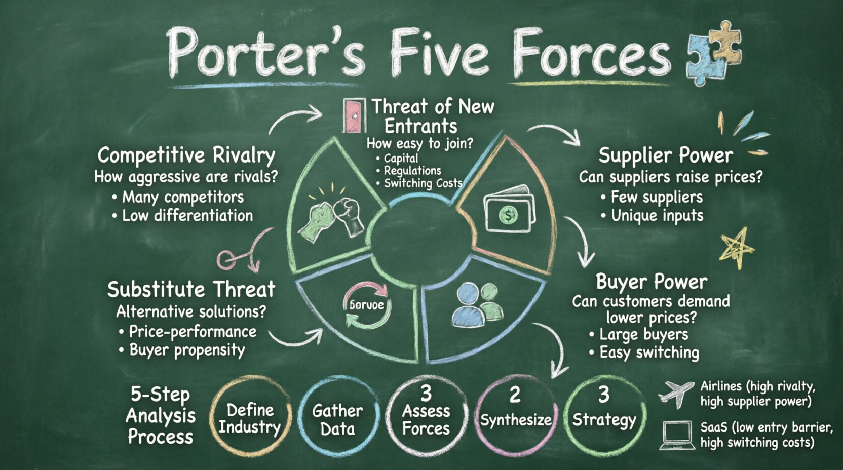 Chalkboard-style educational infographic illustrating Porter's Five Forces Analysis framework for beginners. Features hand-drawn chalk illustrations of the five competitive forces: Threat of New Entrants (🚪), Bargaining Power of Suppliers (💼), Bargaining Power of Buyers (👥), Threat of Substitute Products (🔄), and Rivalry Among Competitors (🥊). Each force includes key strategic questions and drivers like barriers to entry, supplier concentration, and switching costs. Bottom section shows the 5-step analysis process (Define Industry → Gather Data → Assess Forces → Synthesize → Strategy) plus real-world examples from Airlines and SaaS industries. Designed with a teacher's handwritten aesthetic on a dark green chalkboard background for easy classroom or presentation use.