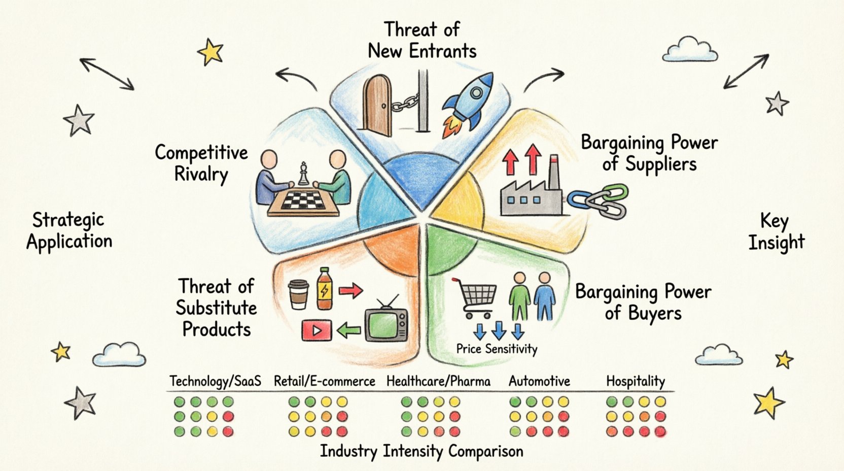 Hand-drawn marker illustration infographic of Porter's Five Forces framework for strategic industry analysis, featuring a central pentagon diagram with five competitive forces: threat of new entrants, supplier power, buyer power, substitute products, and competitive rivalry, each with intuitive icons and labels; includes a color-coded sector comparison matrix for Technology/SaaS, Retail/E-commerce, Healthcare/Pharma, Automotive Manufacturing, and Hospitality industries showing force intensity levels; designed in vibrant sketchy marker style with watercolor fills, decorative arrows, and strategic callout boxes on a clean white background, 16:9 widescreen format for presentations and digital content